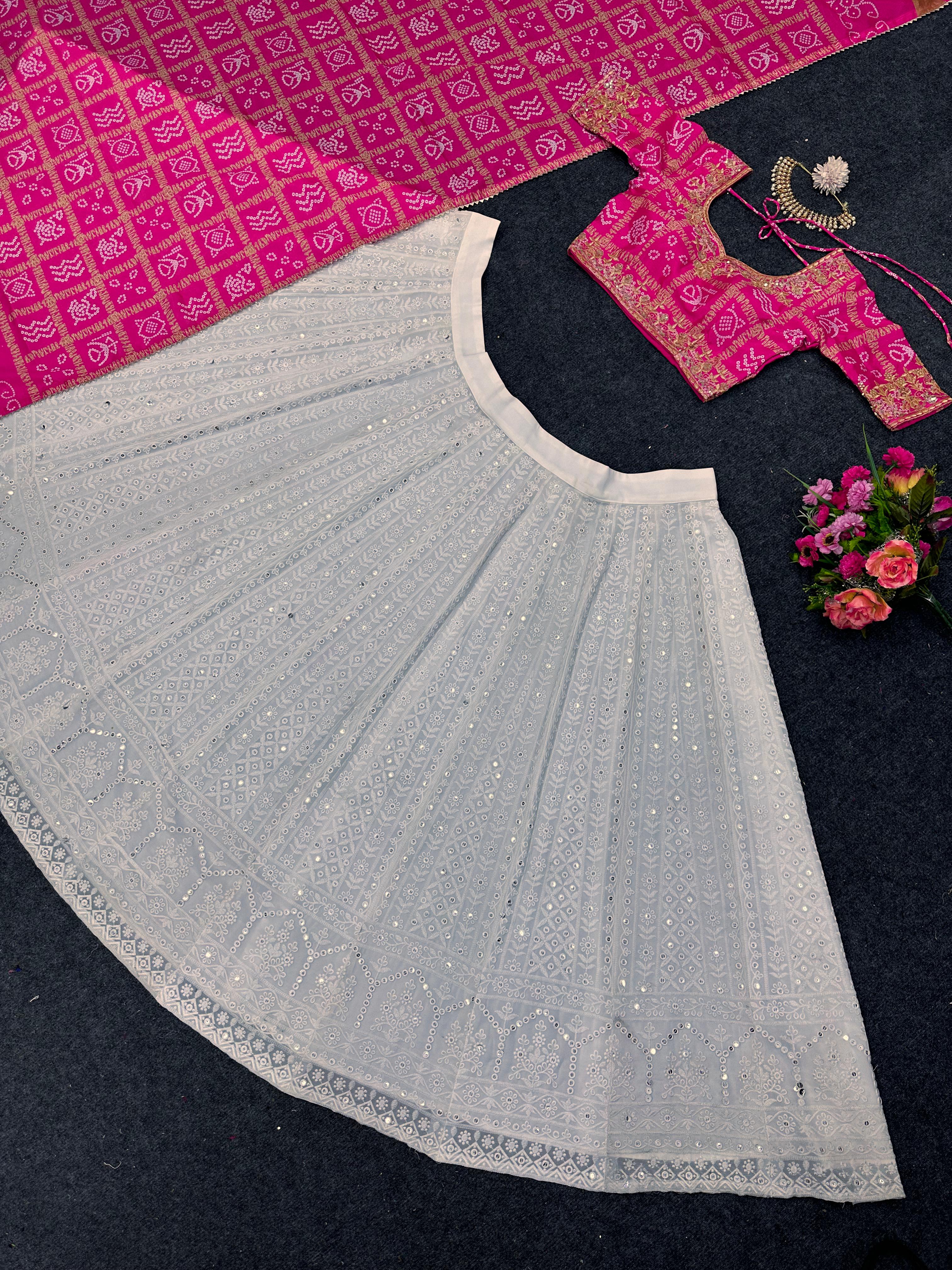 White Thread Work Lehenga With Pink Blouse and Dupatta