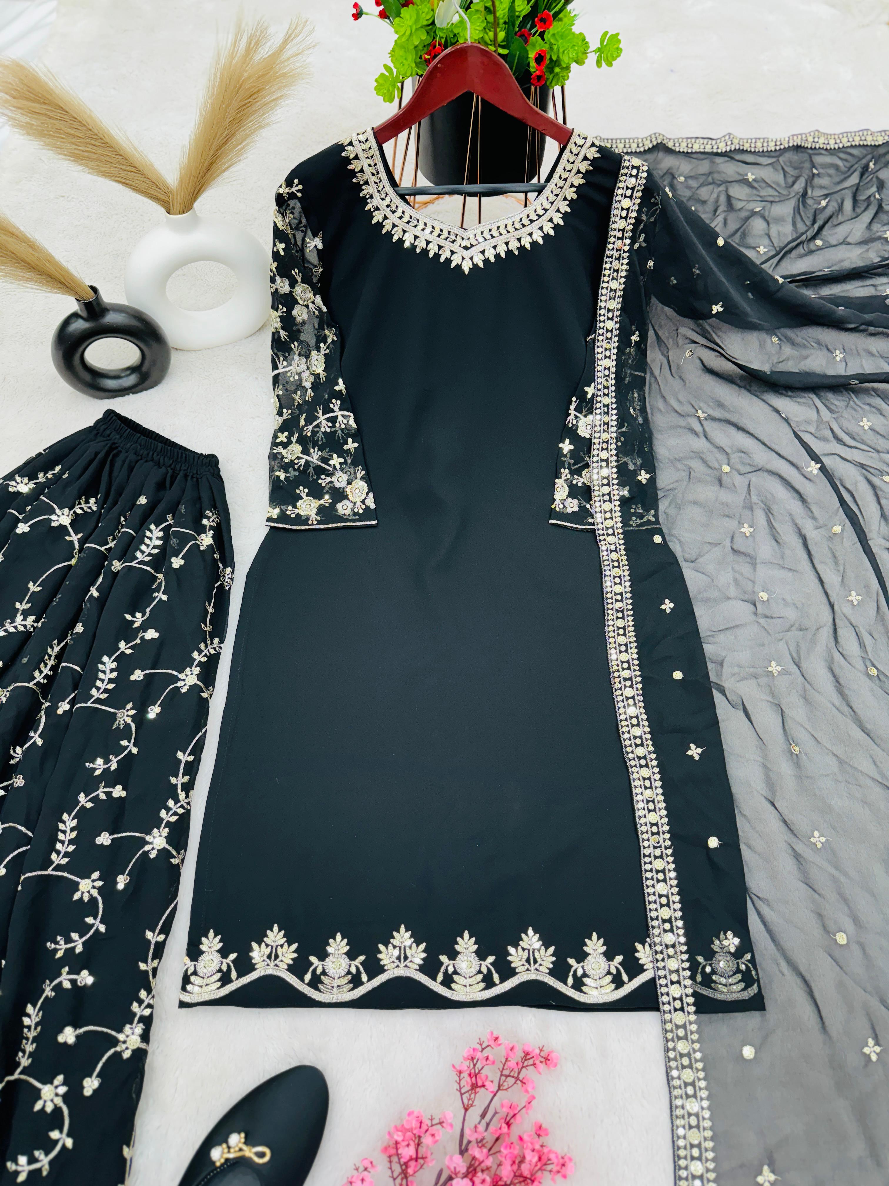 Imposing Embroidery Work Black Sharara Suit