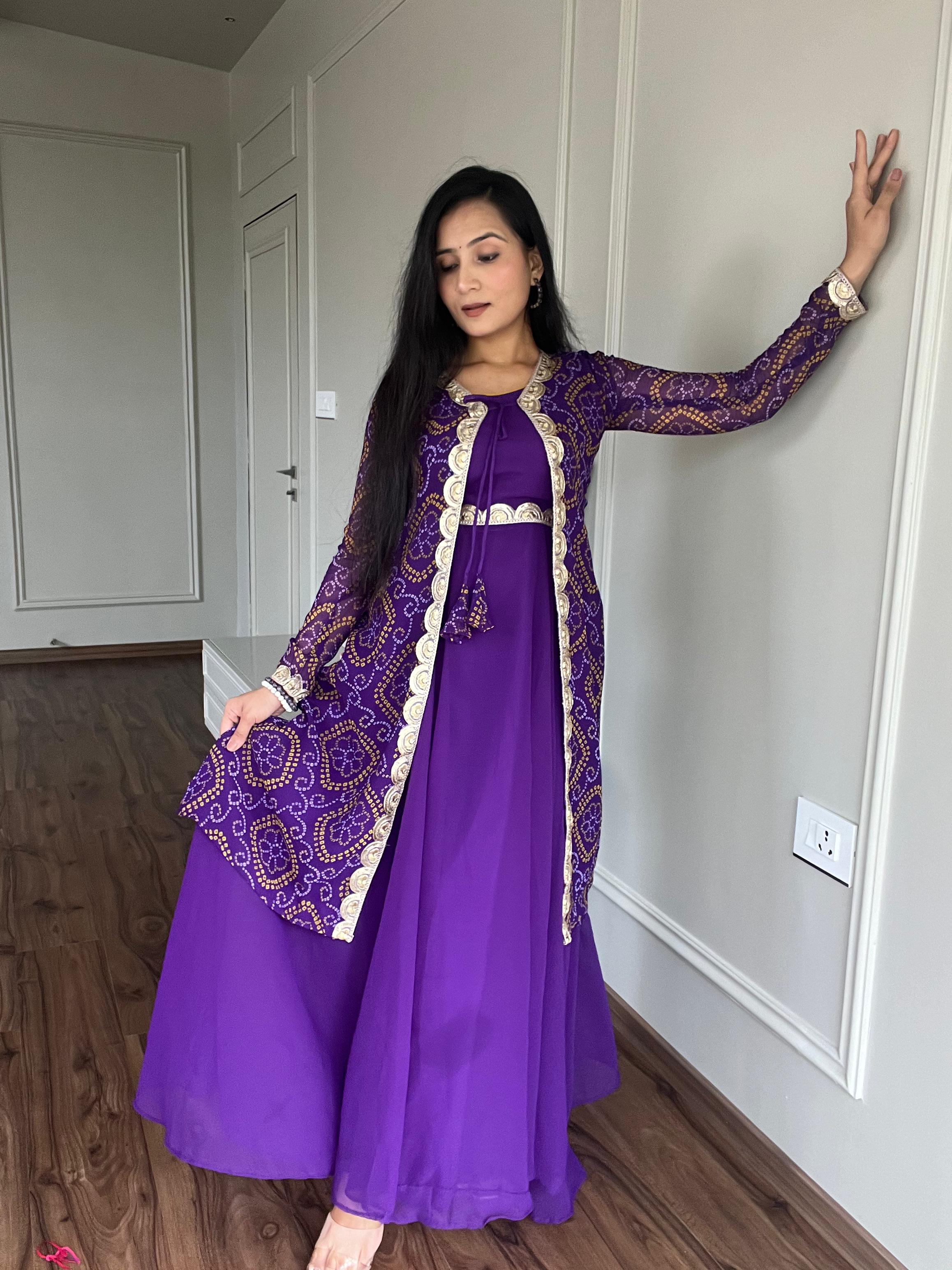 Decent Bandhej Print Purple Color Gown With Shrug