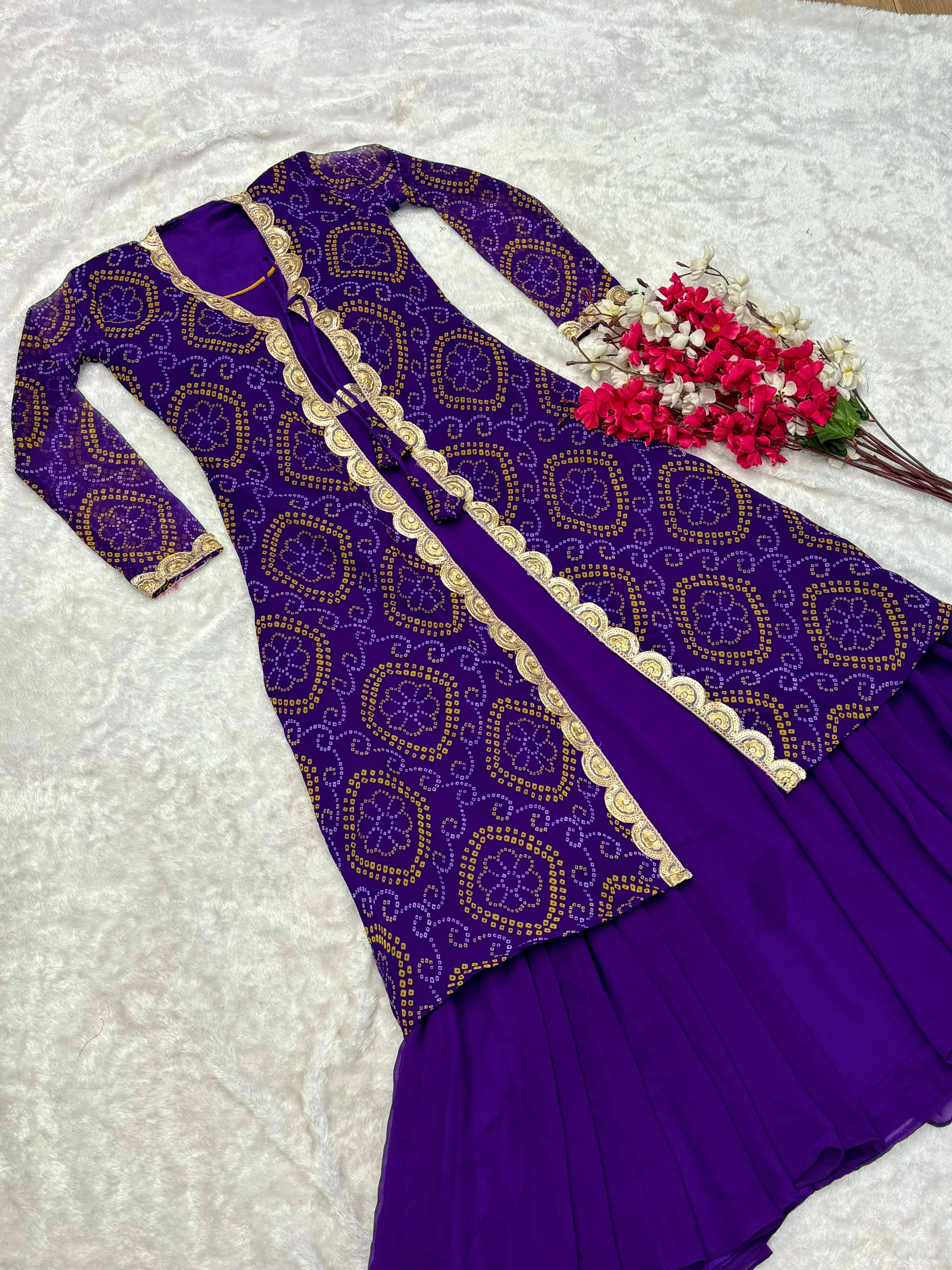 Decent Bandhej Print Purple Color Gown With Shrug
