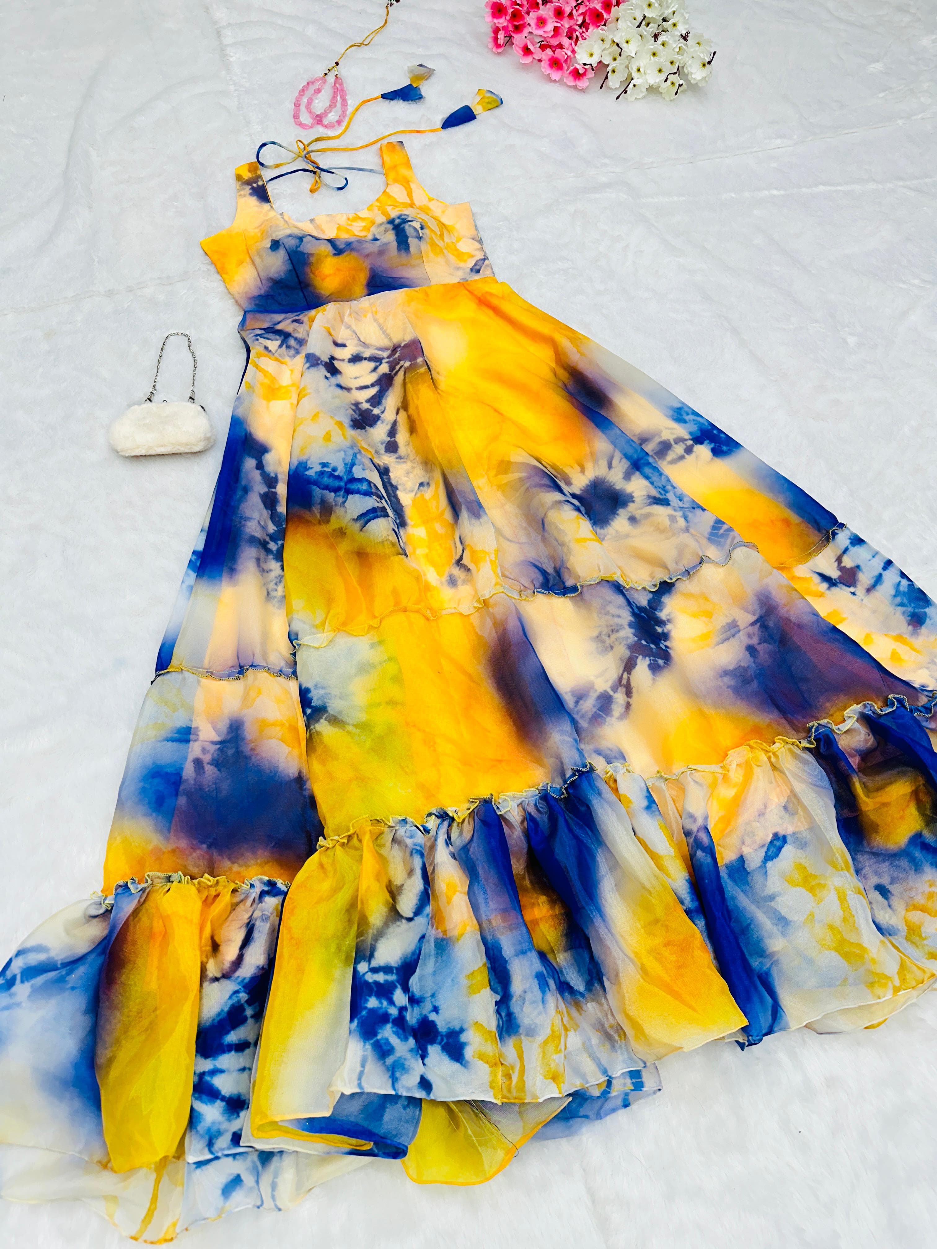 Opulent Organza Silk Yellow And Blue Color Gown
