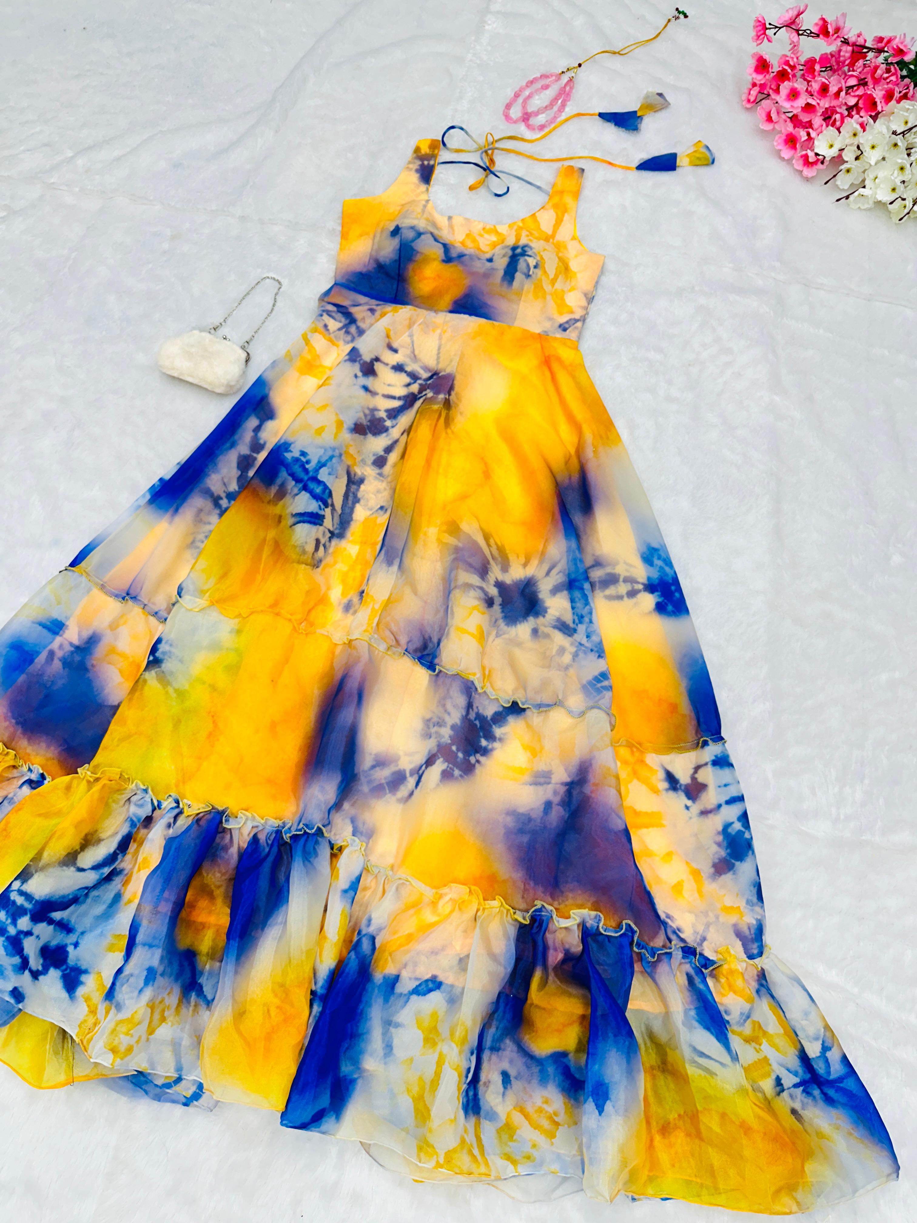 Opulent Organza Silk Yellow And Blue Color Gown