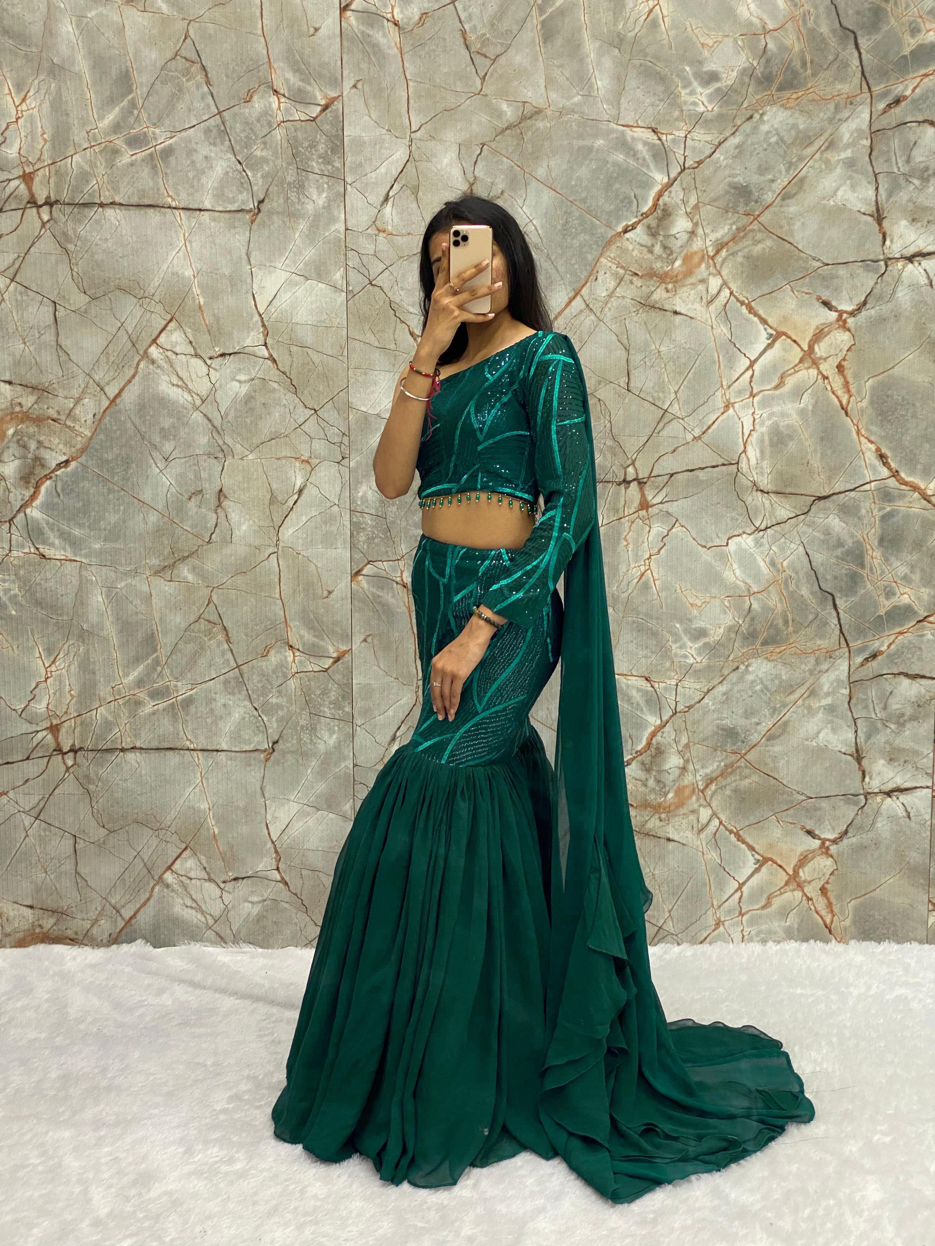 Bottle Green Sequence Work Lehenga With Dupatta Attach Blouse