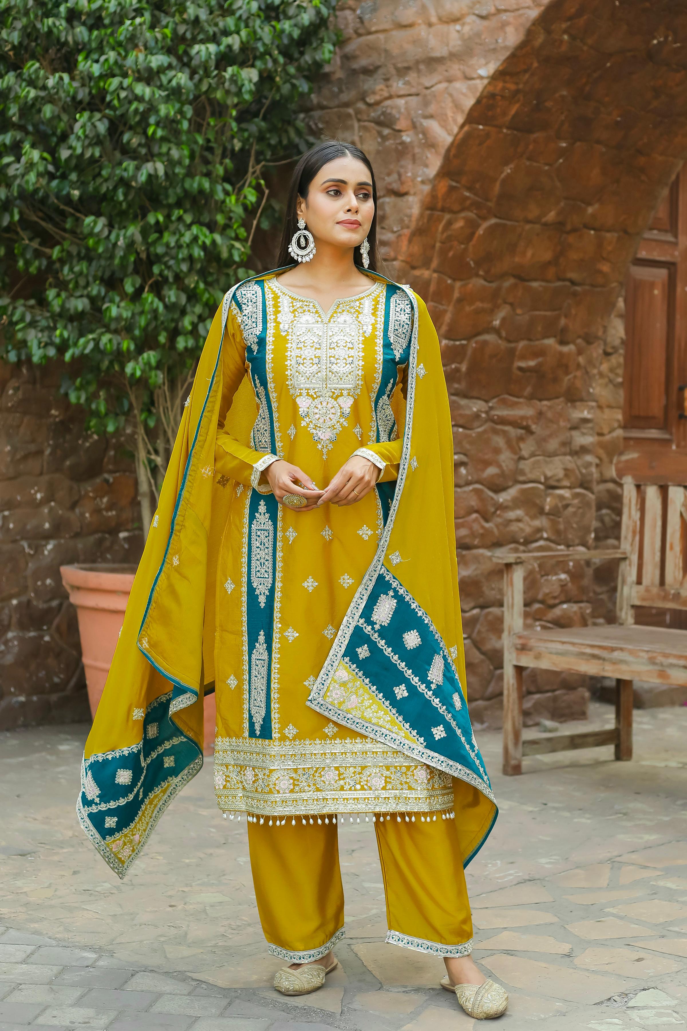 Exclusive Mustard Color Embroidery Work Palazzo Suit