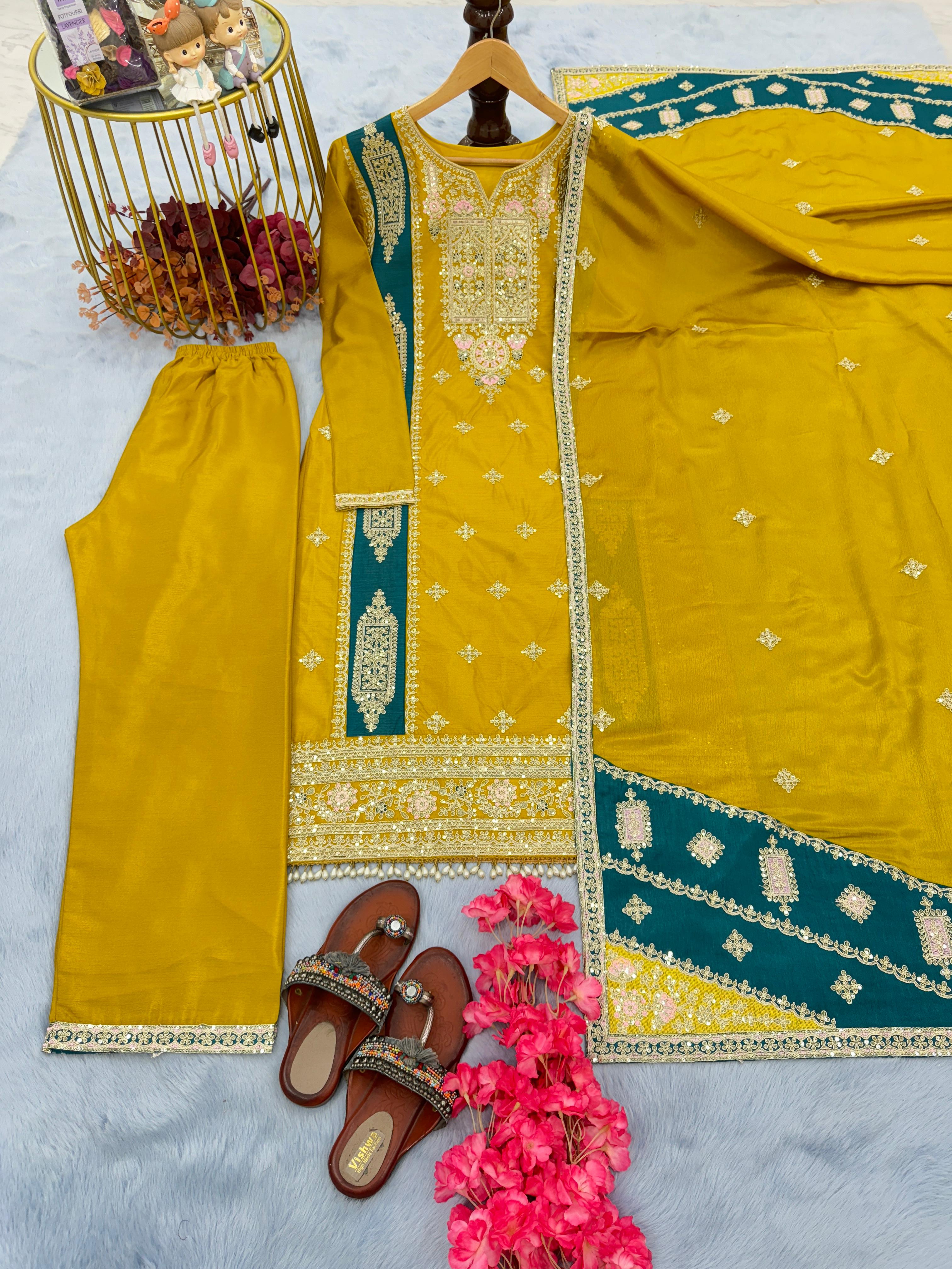 Exclusive Mustard Color Embroidery Work Palazzo Suit