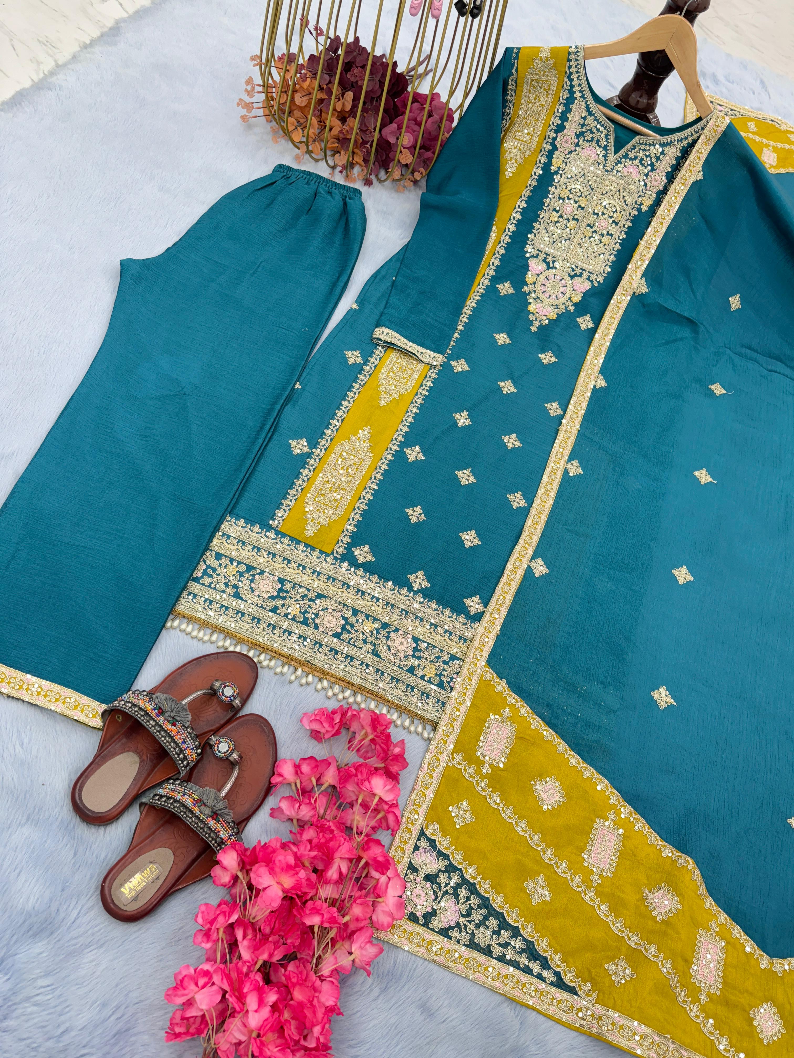 Exclusive Teal Blue Color Embroidery Work Palazzo Suit