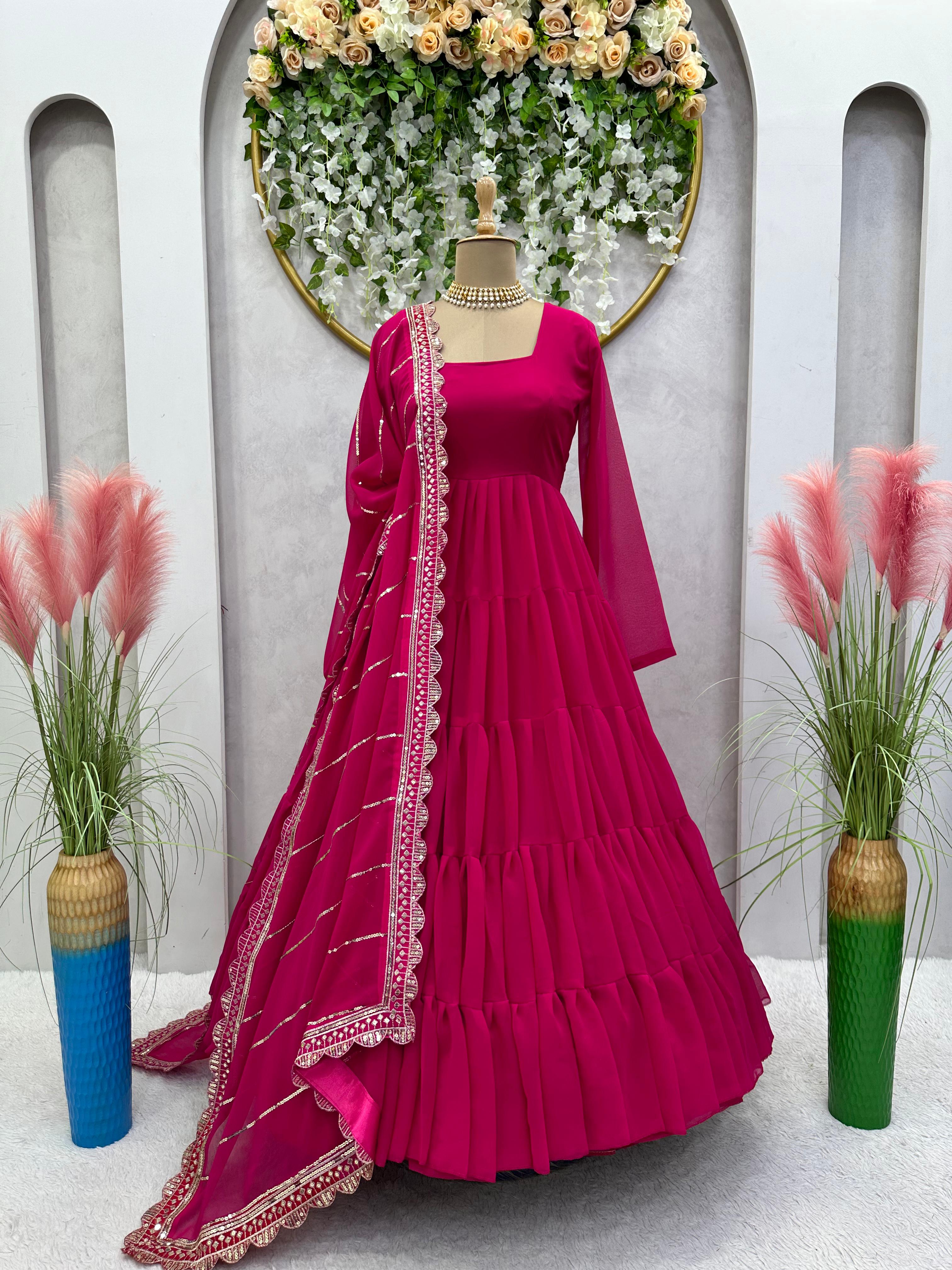 Fabulous Dark Pink Color Ruffle Gown With Work Dupatta