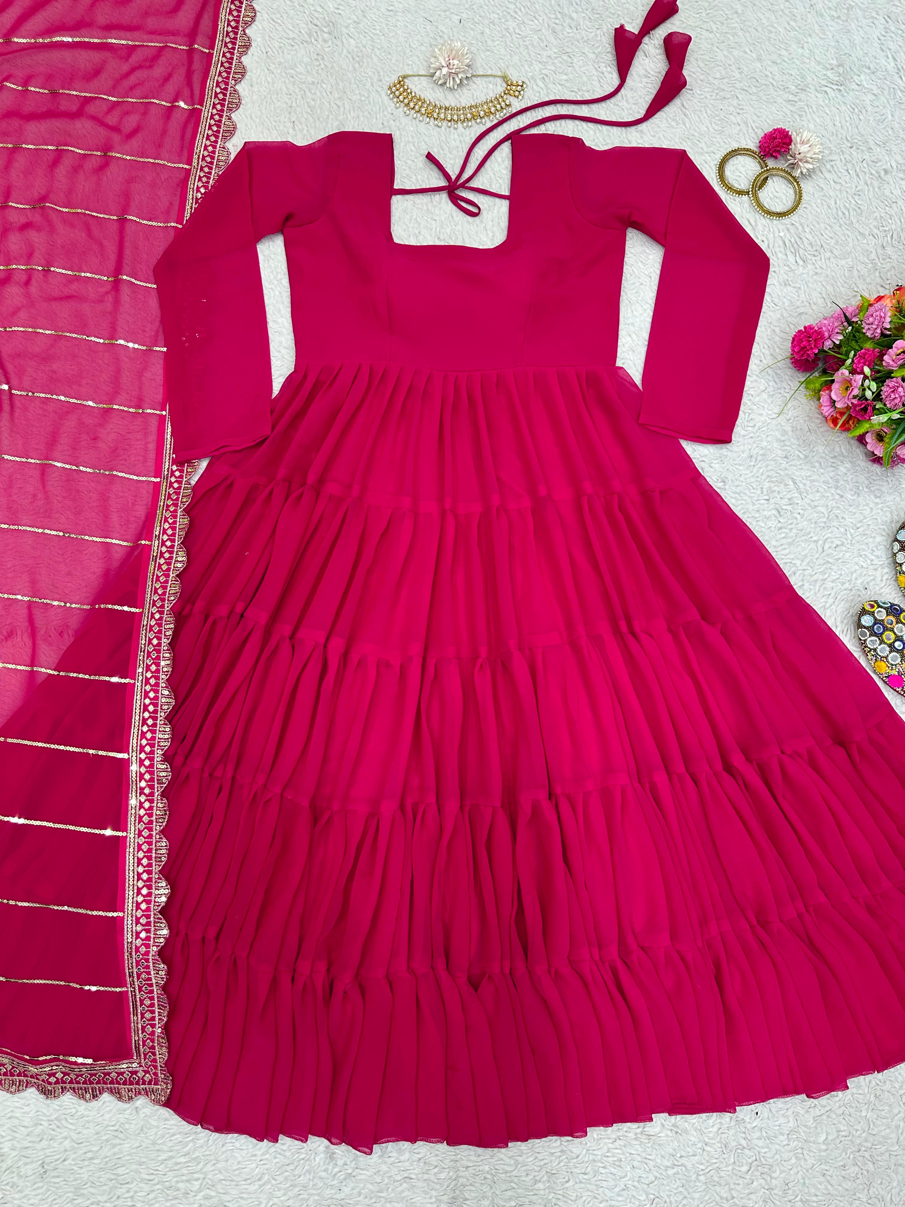 Fabulous Dark Pink Color Ruffle Gown With Work Dupatta
