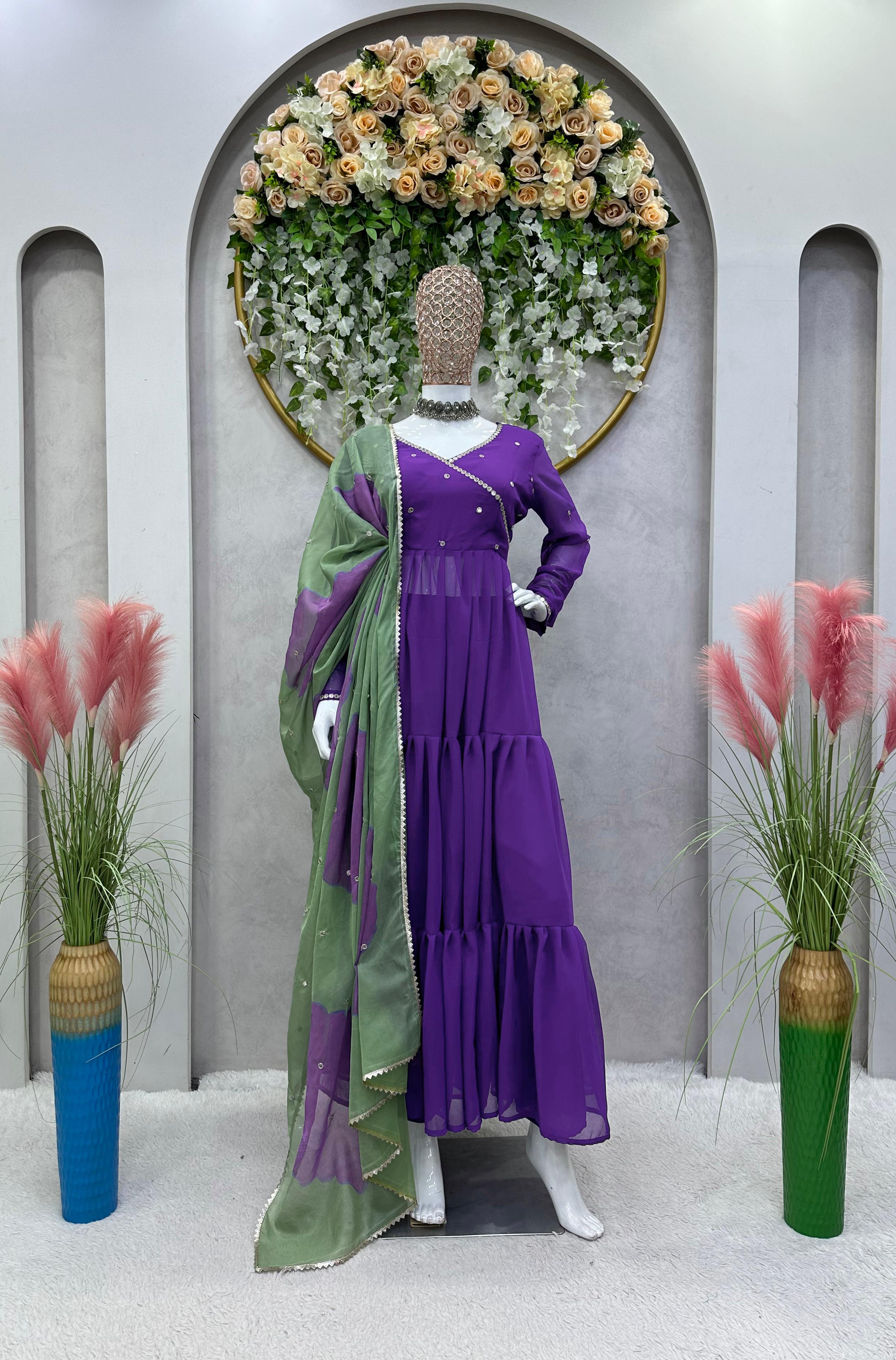 Ruffle Style Purple Anarkali Gown With Digital Print Dupatta