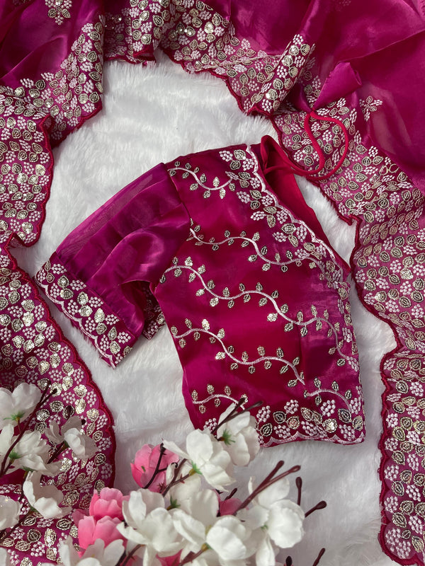 Terrific Pink Color Embroidery Sequence Work Saree With Blouse
