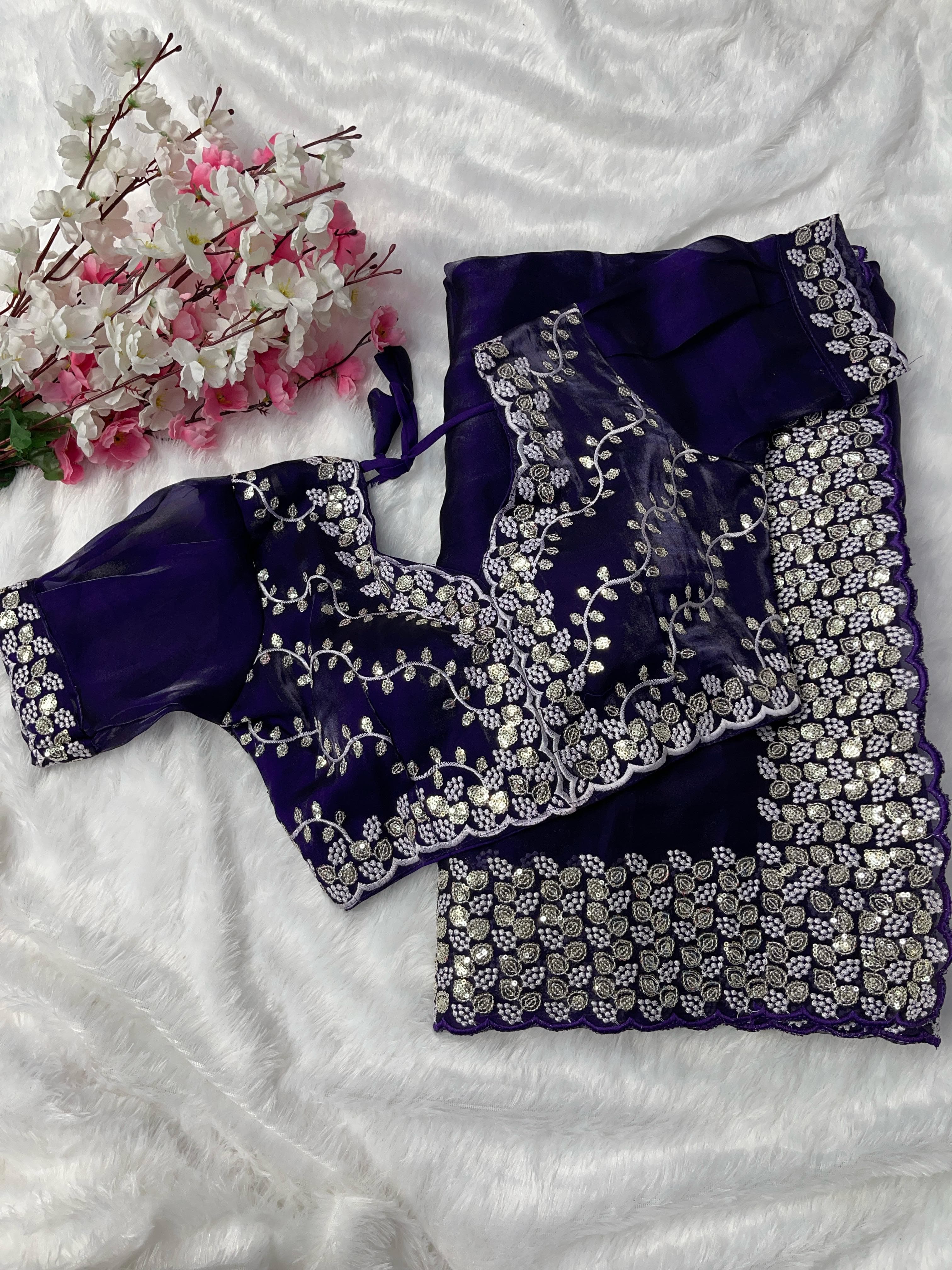 Terrific Purple Color Embroidery Sequence Work Saree With Blouse