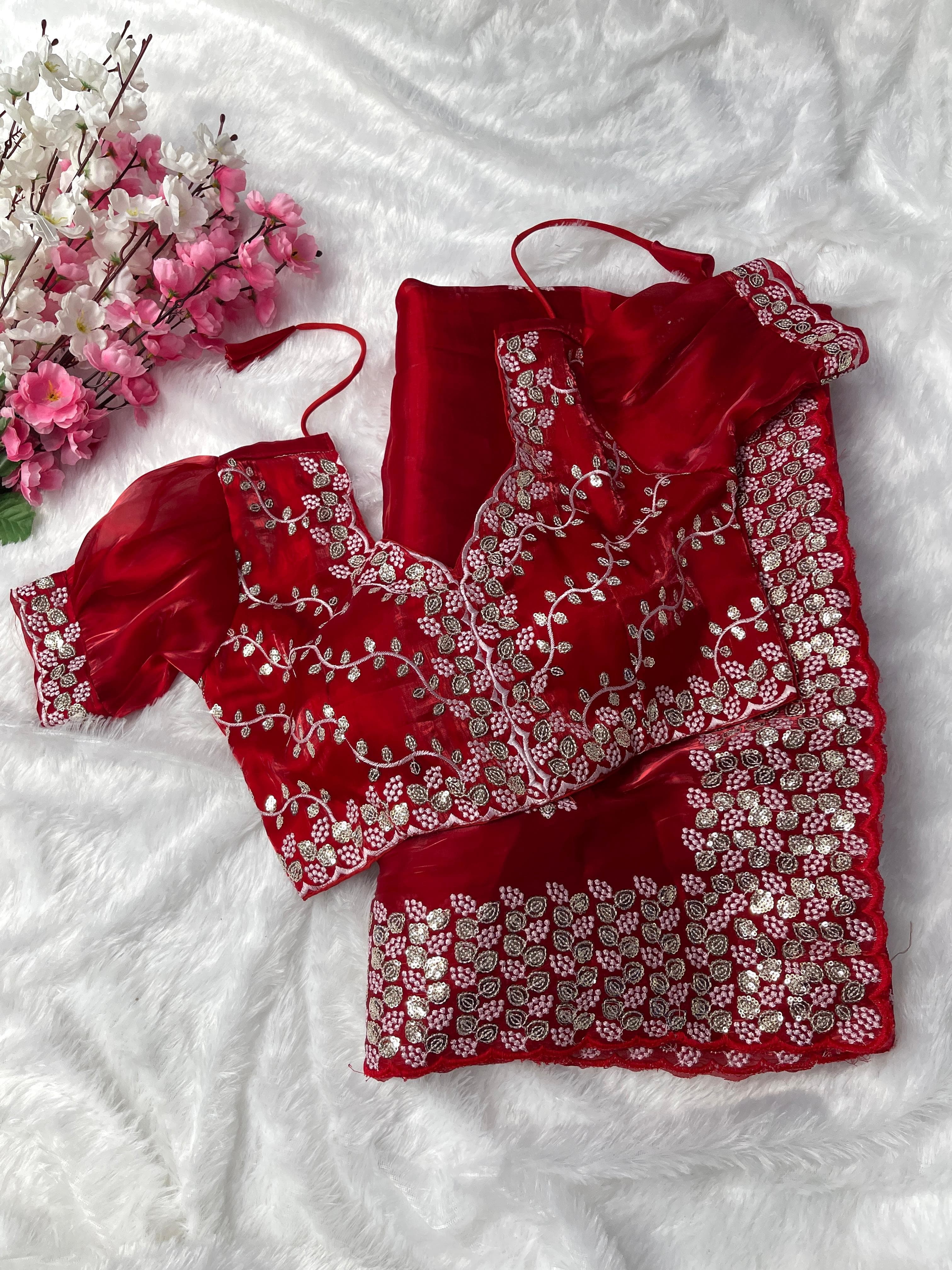 Terrific Red Color Embroidery Sequence Work Saree With Blouse