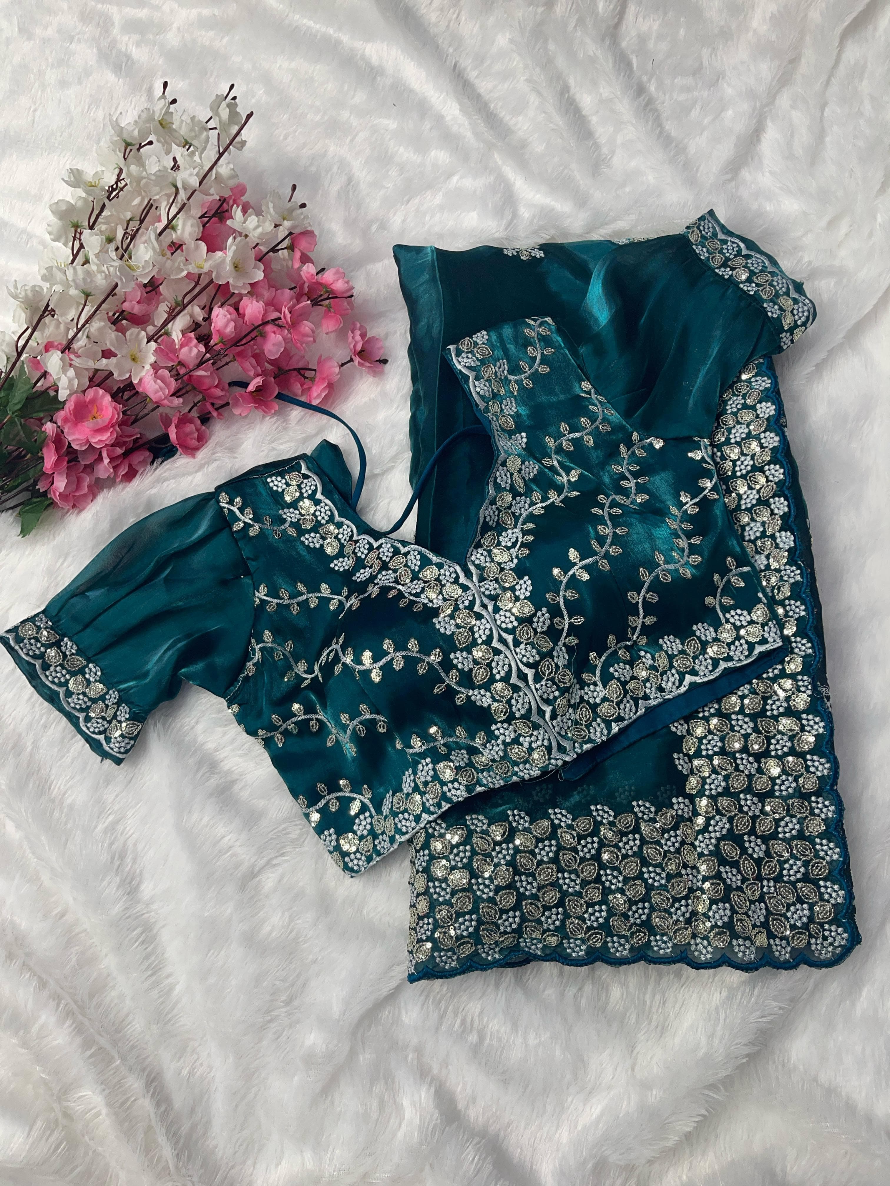 Terrific Teal Blue Color Embroidery Sequence Work Saree With Blouse
