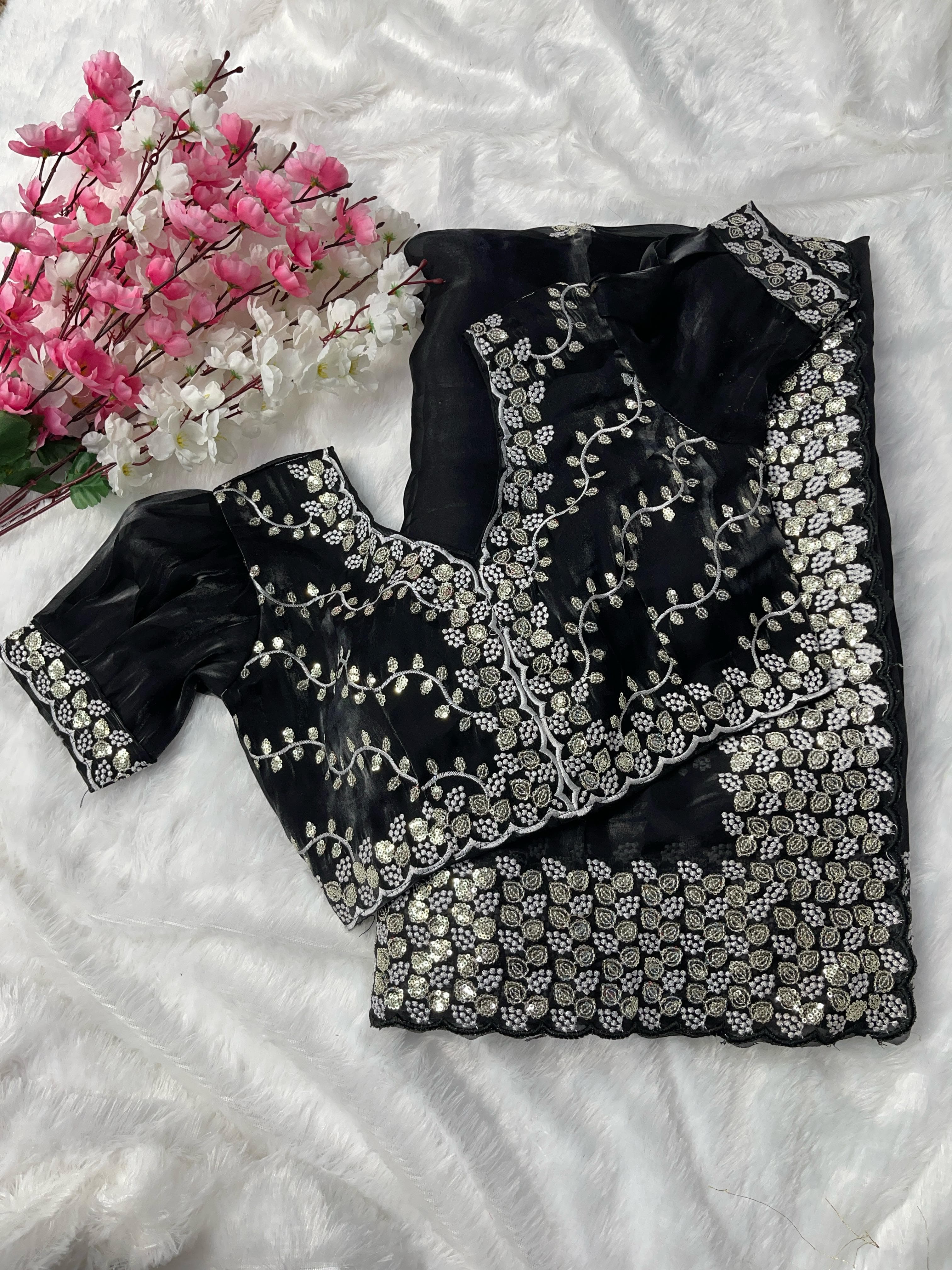 Terrific Black Color Embroidery Sequence Work Saree With Blouse