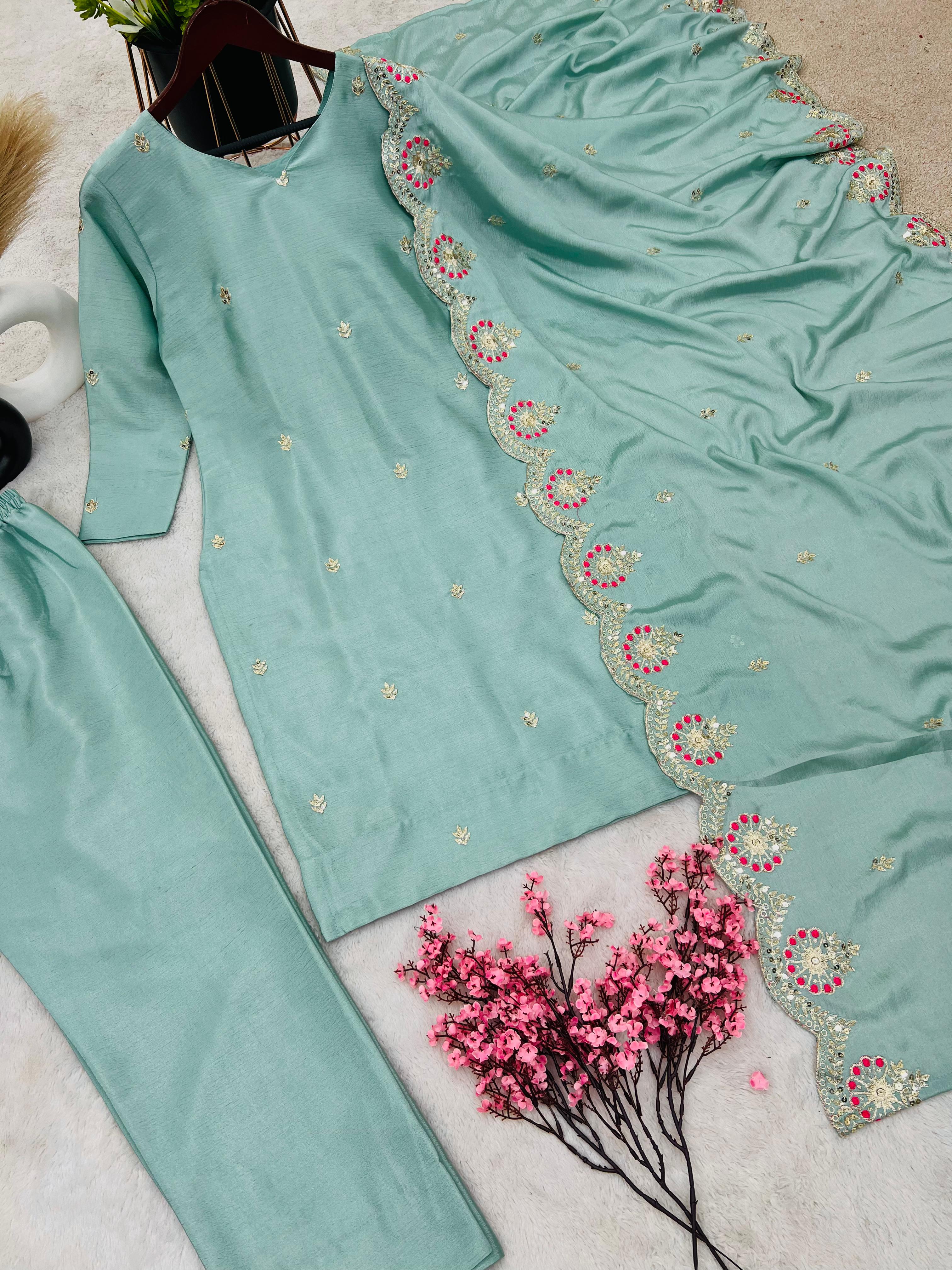 Awesome Pista Green Embroidery Work Salwar Suit