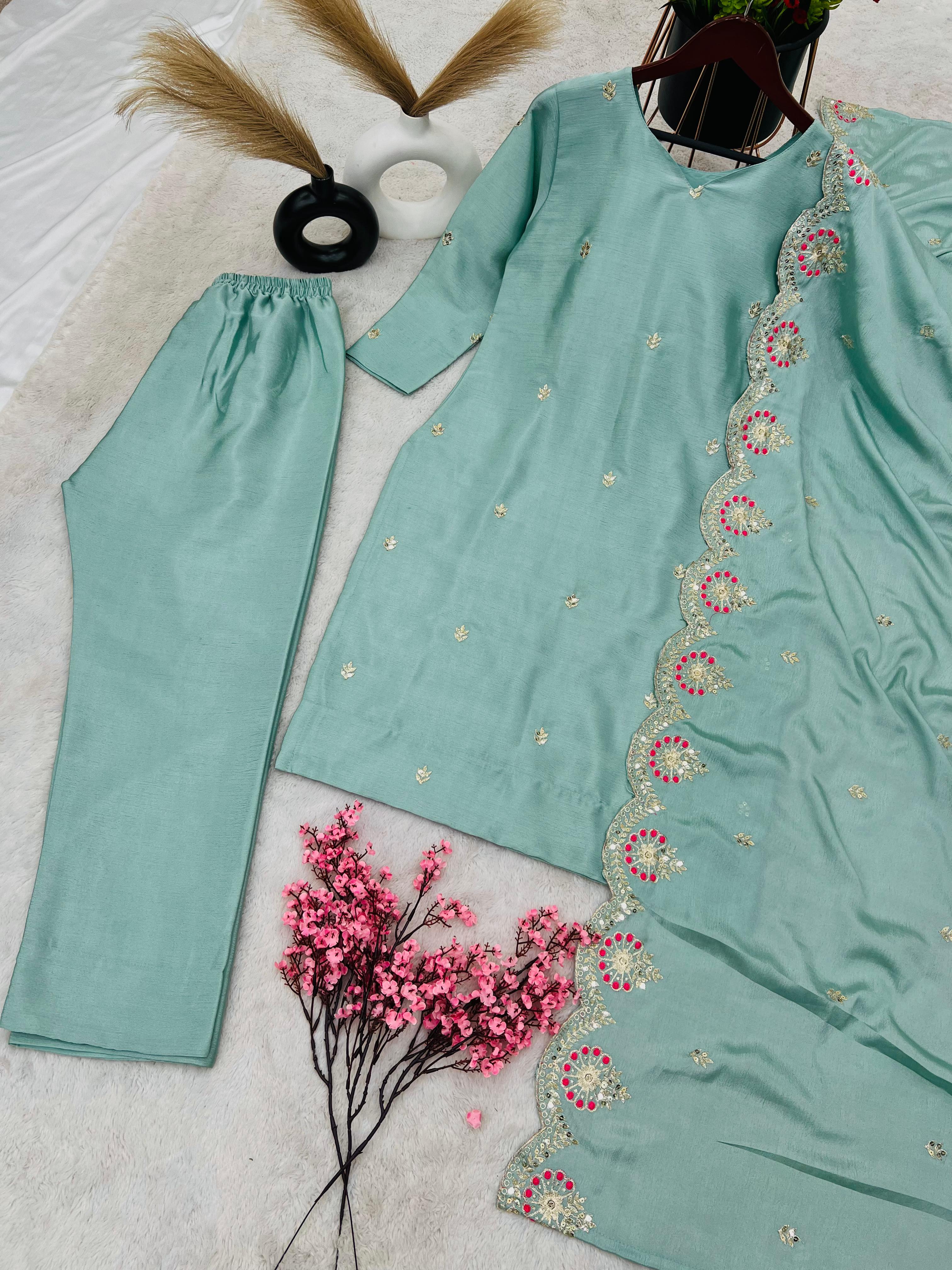 Awesome Pista Green Embroidery Work Salwar Suit