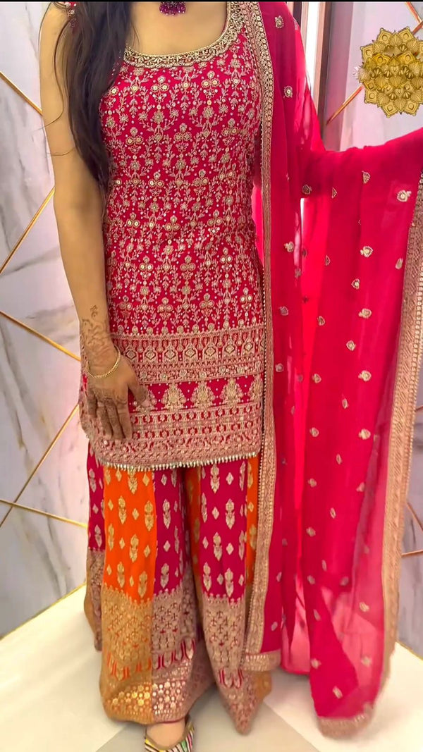 Exclusive Pink Color Sequence Embroidery Work Sharara Suit