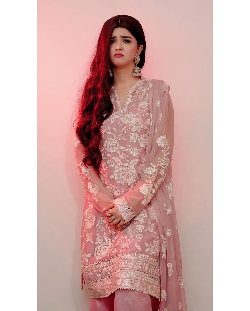Stylish Peach Color Embroidery Thread Work Palazzo Suit