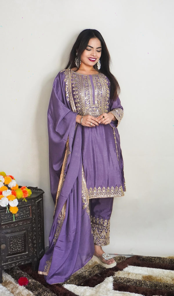 Lavender Color Full Sleeve Embroidery Work Salwar Suit