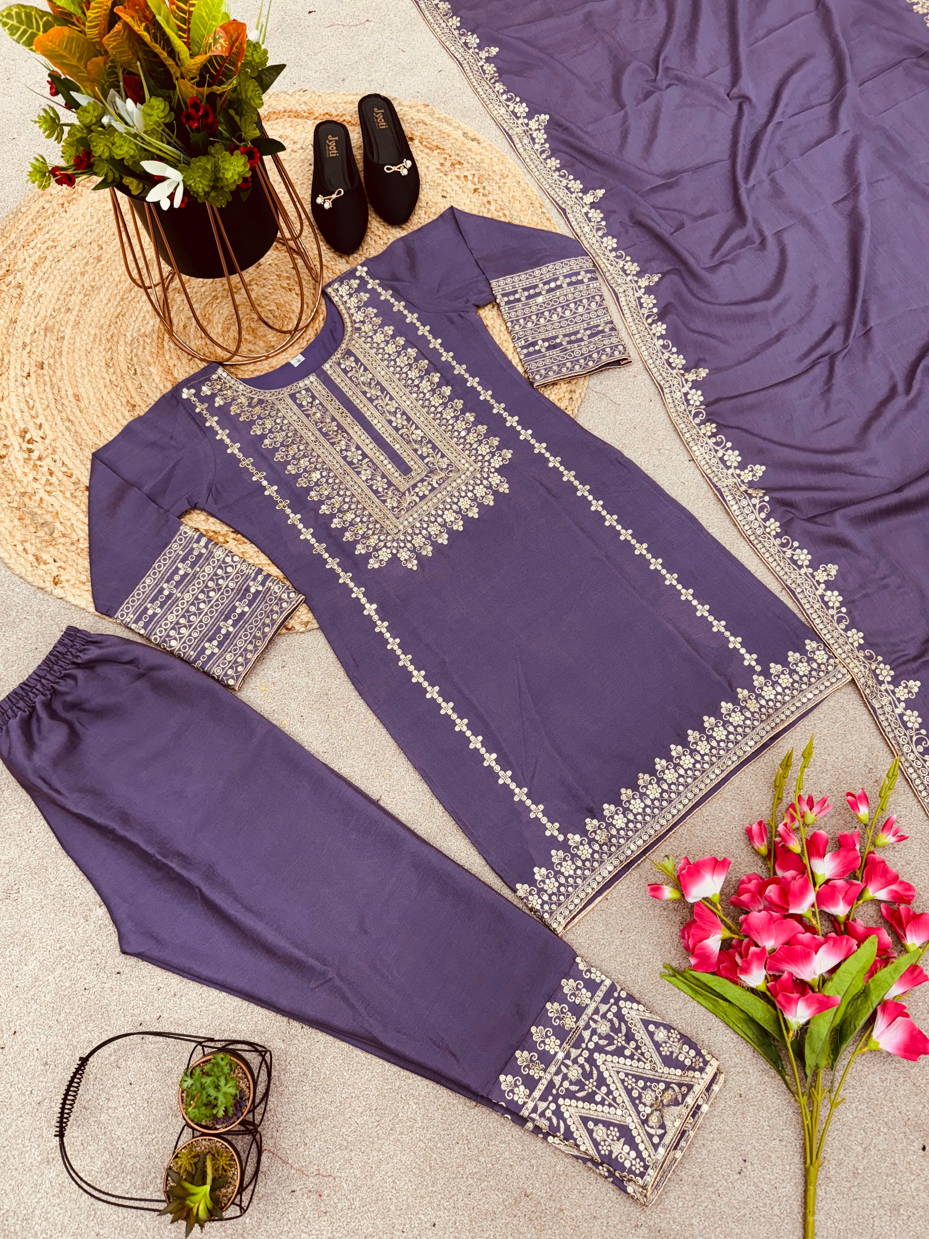 Lavender Color Full Sleeve Embroidery Work Salwar Suit