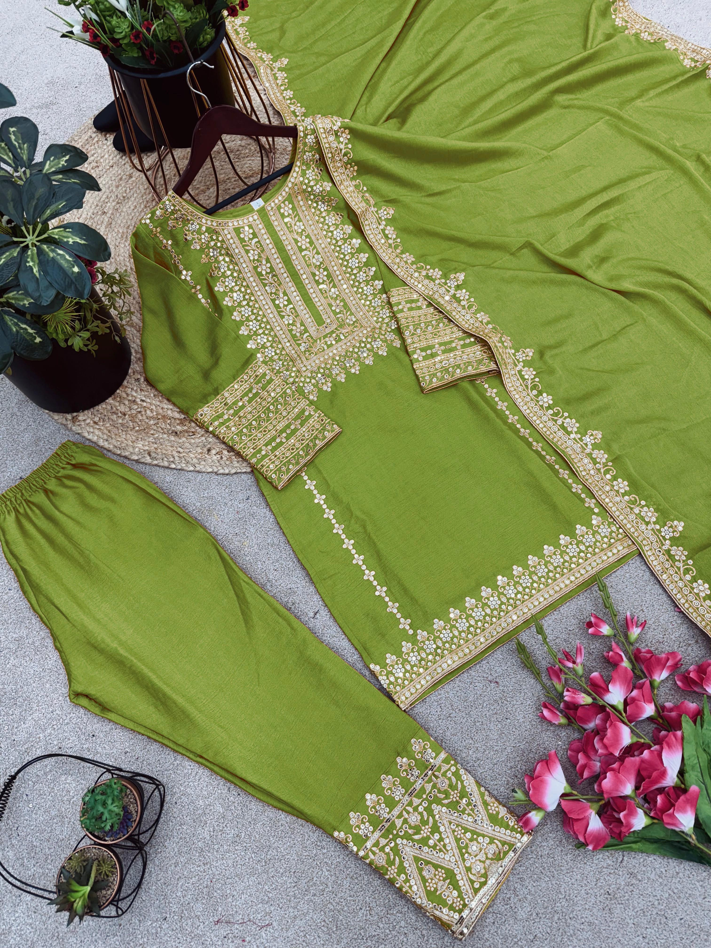 Parrot Green Color Full Sleeve Embroidery Work Salwar Suit