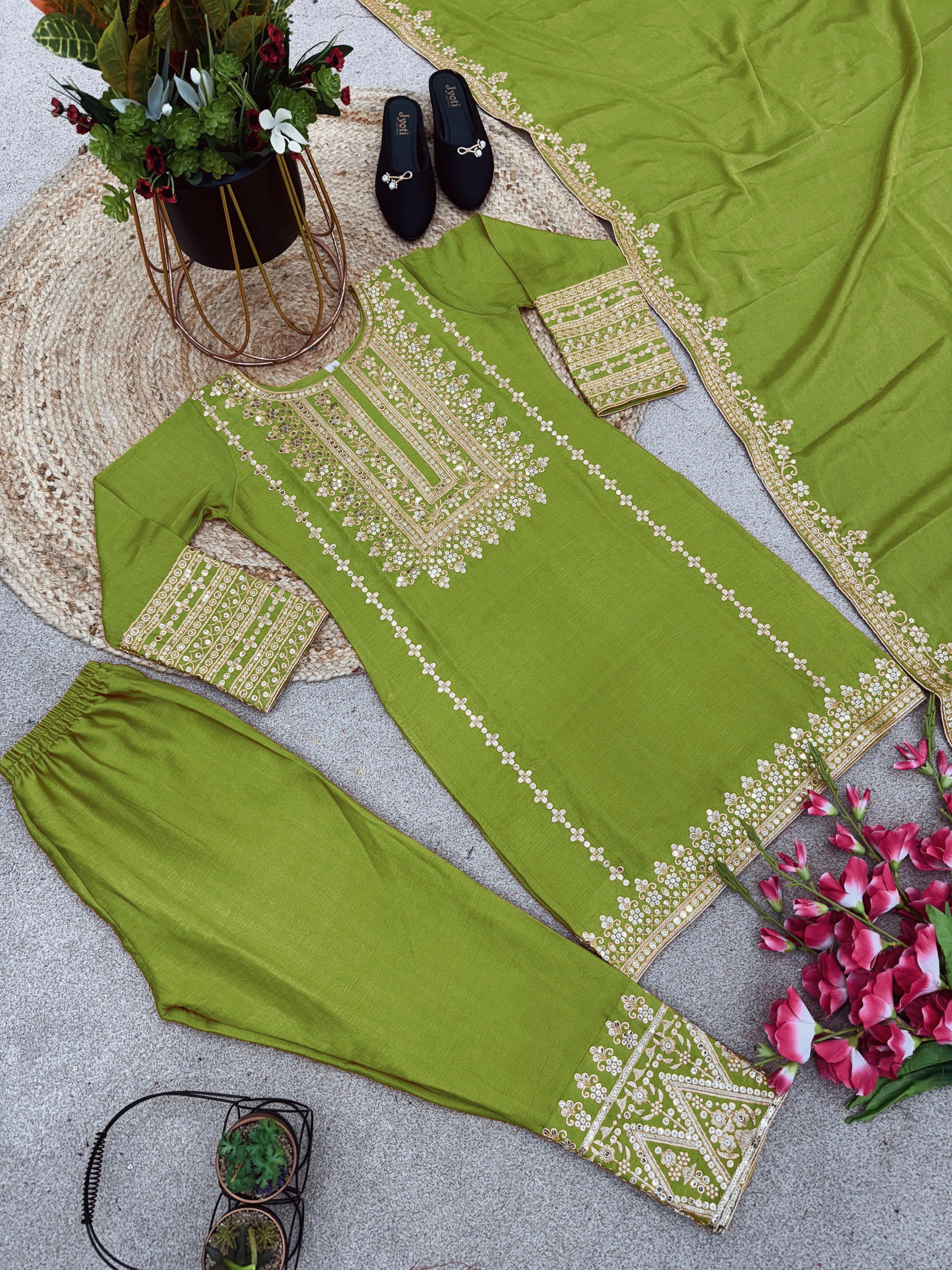 Parrot Green Color Full Sleeve Embroidery Work Salwar Suit