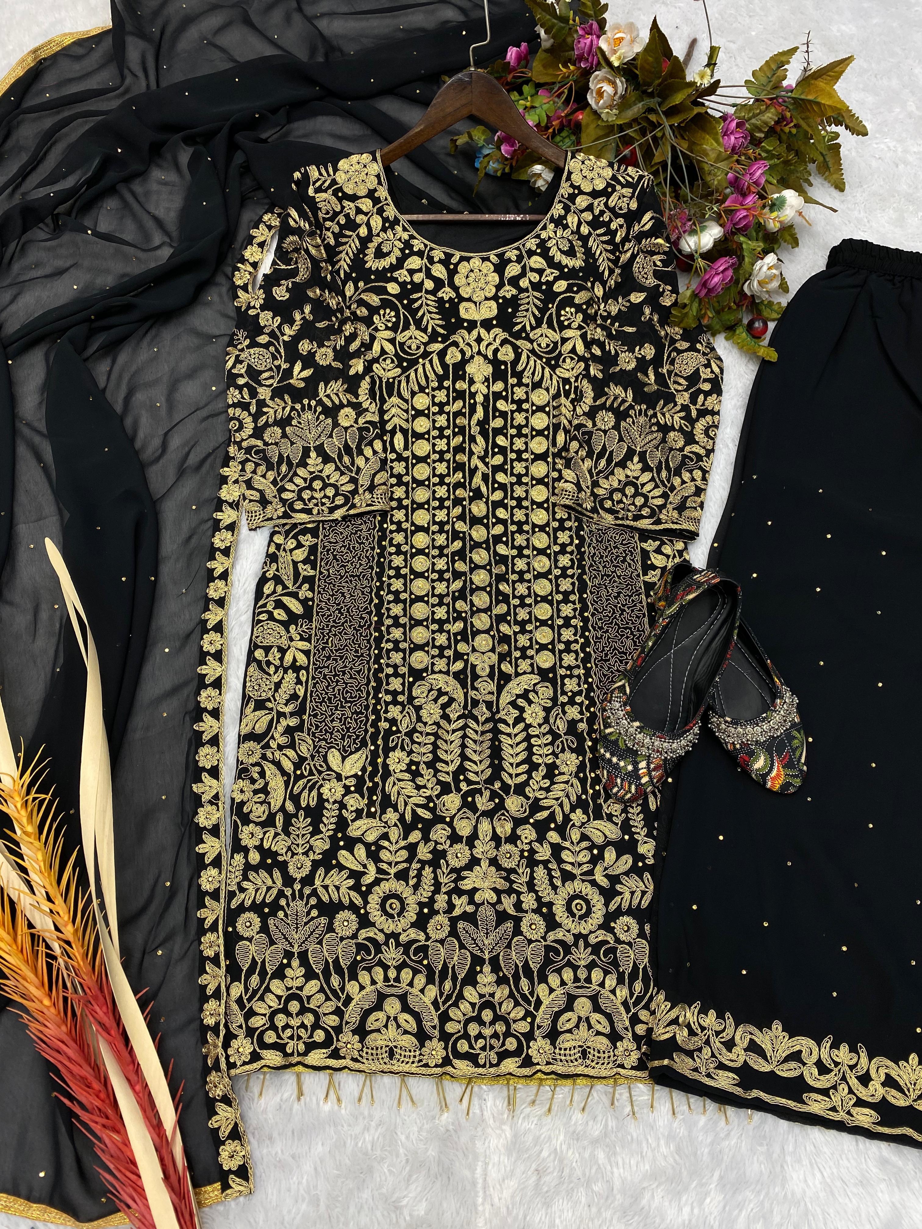 Captivating Black Color Heavy Work Palazzo Suit