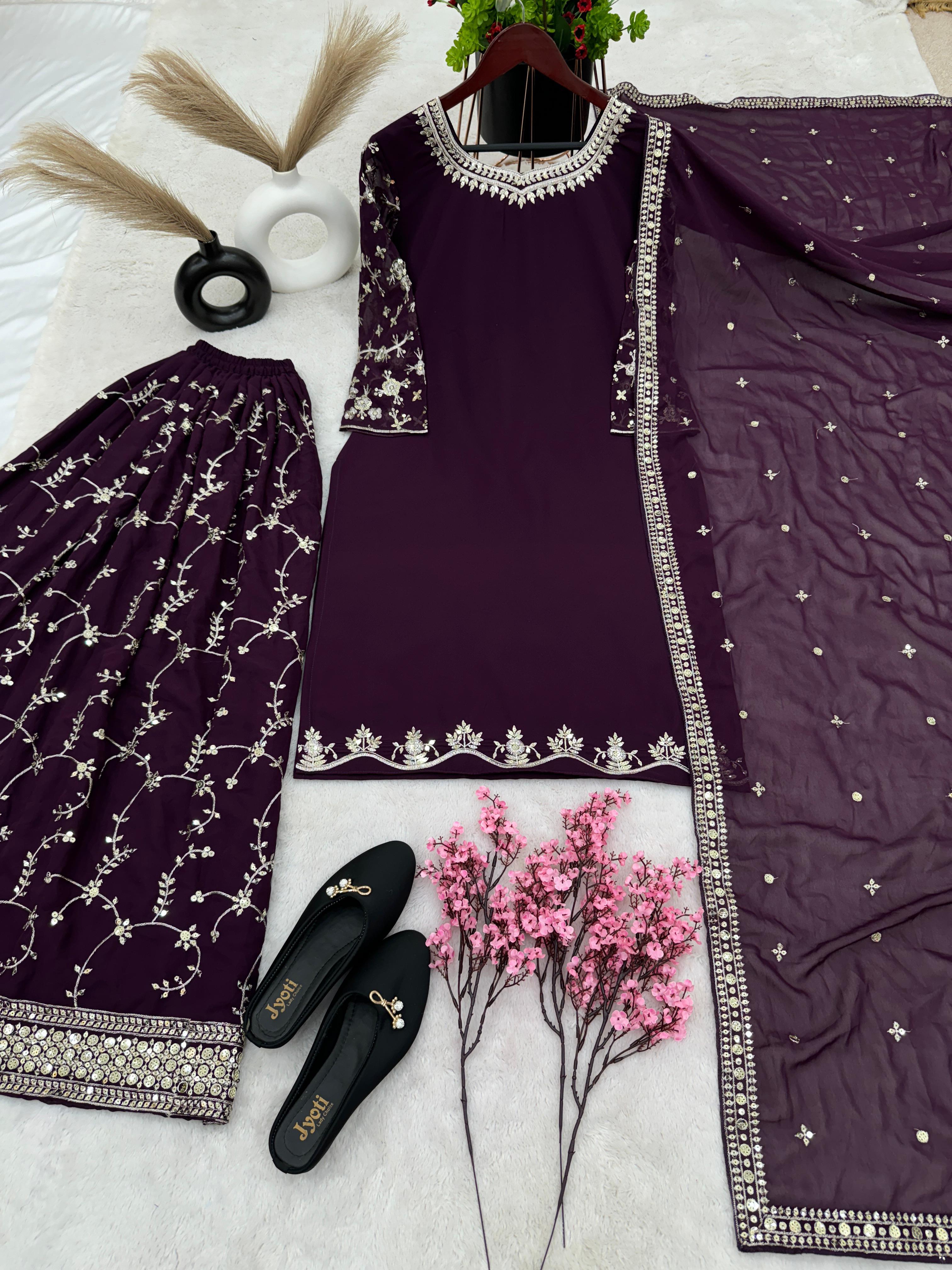 Imposing Embroidery Work Wine Sharara Suit