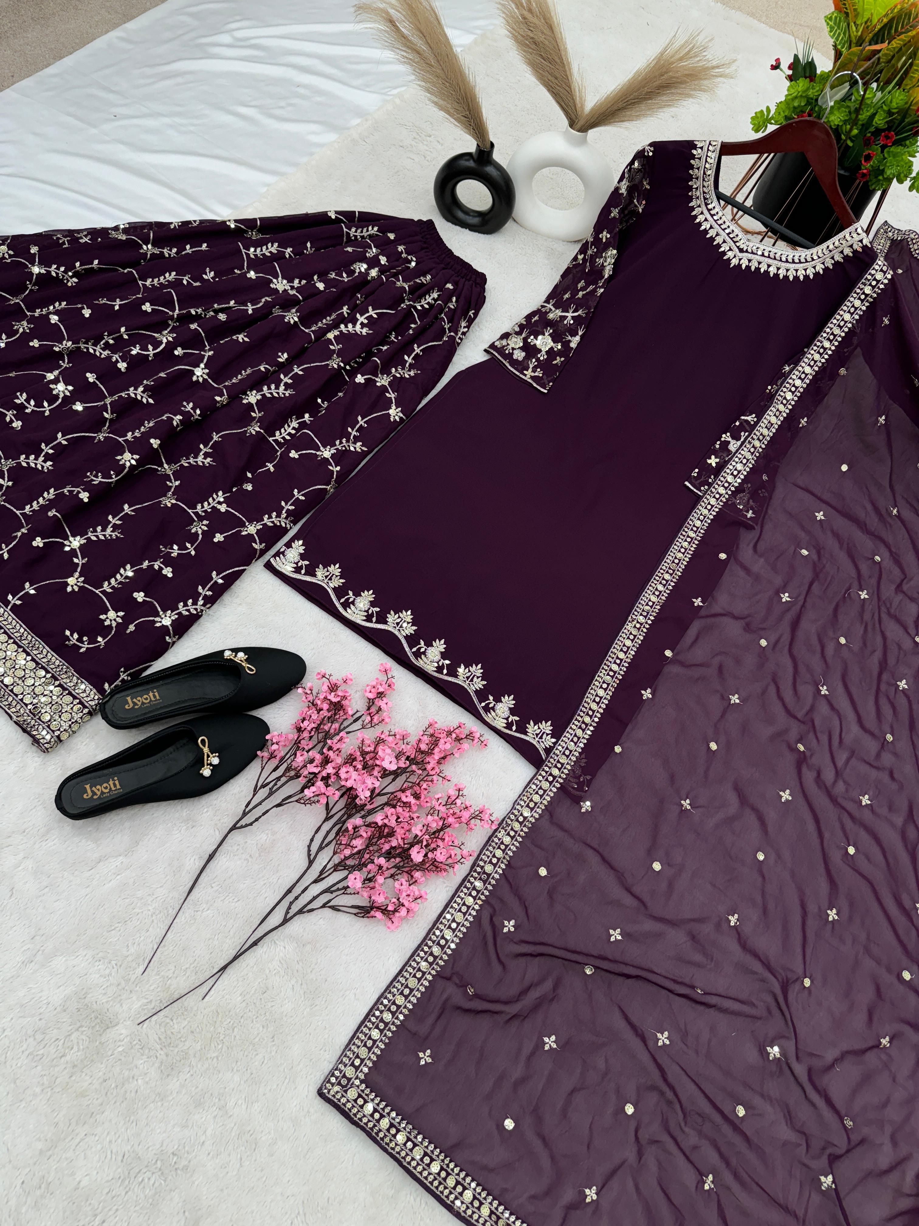 Imposing Embroidery Work Wine Sharara Suit