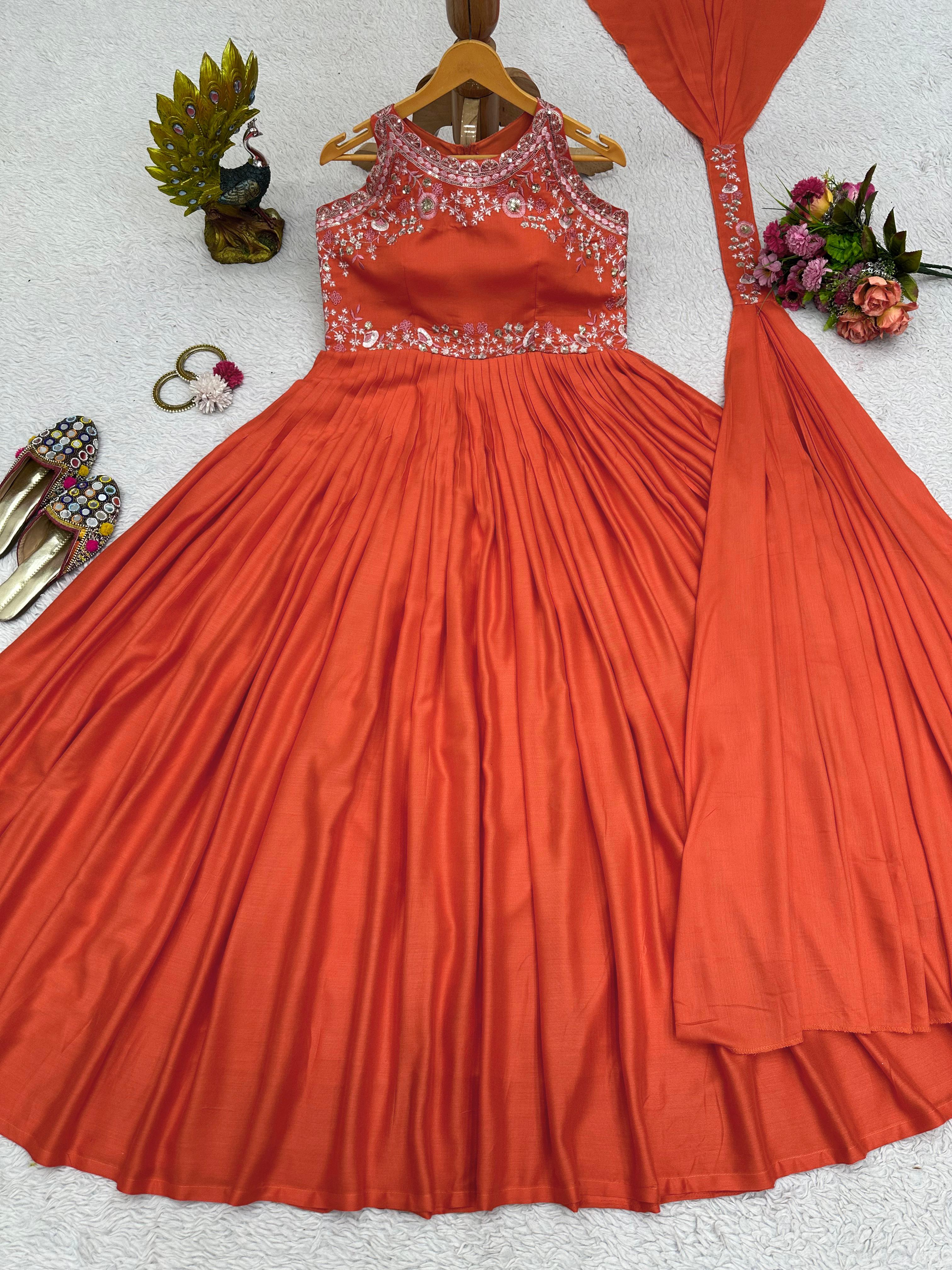 Outstanding Thread Work Orange Color Gown
