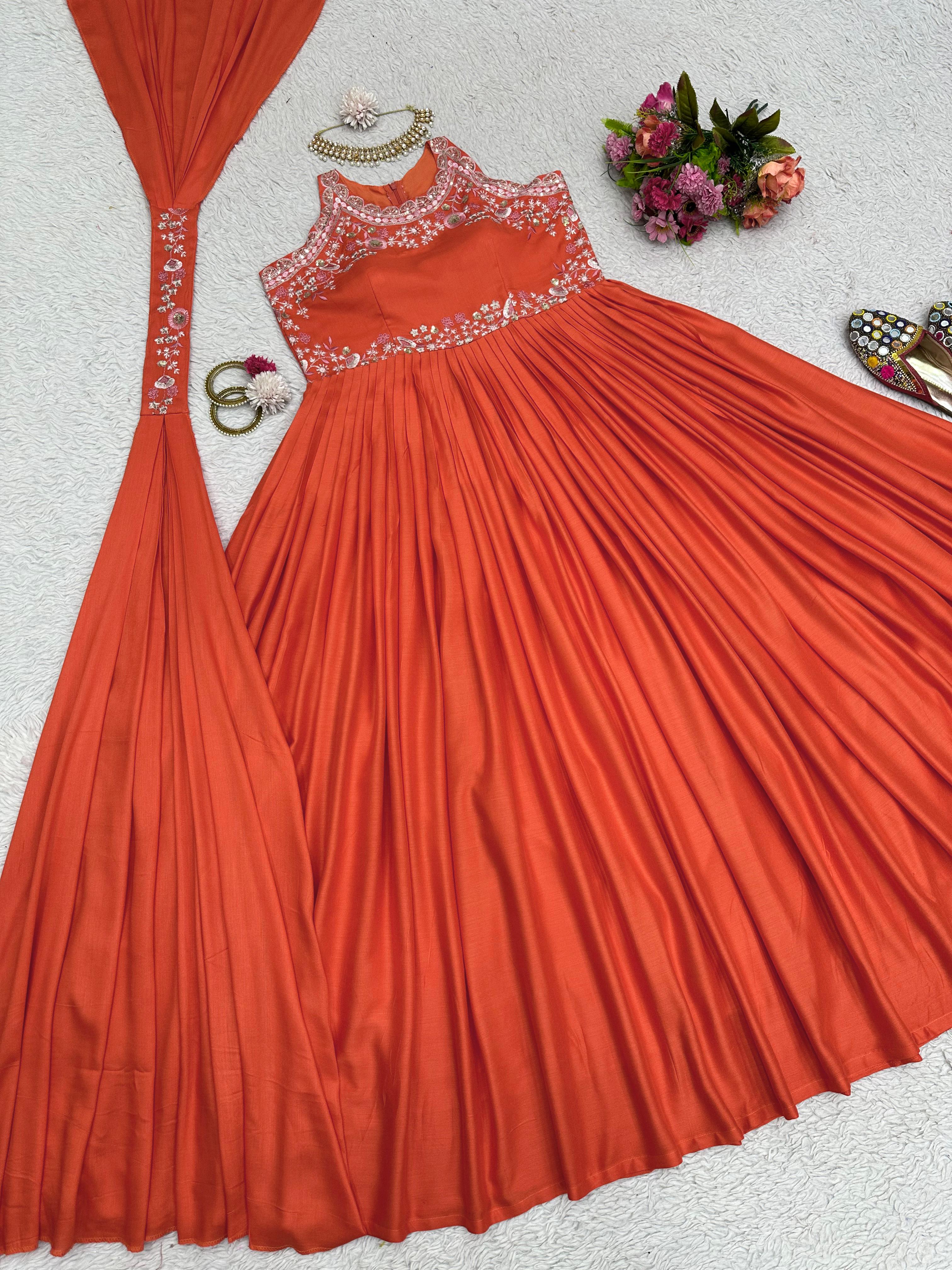 Outstanding Thread Work Orange Color Gown