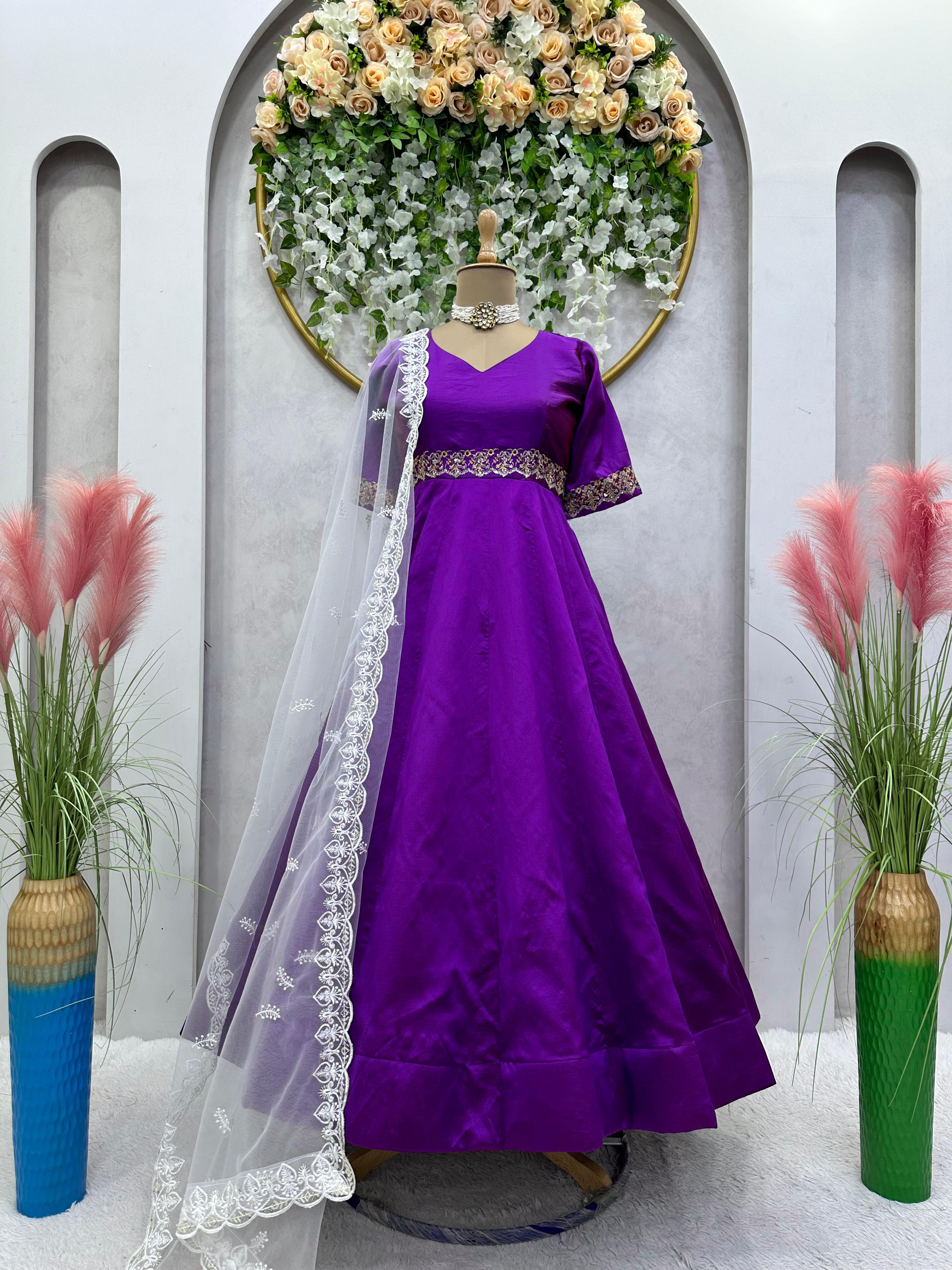 Flattering Purple Color Gown With White Dupatta