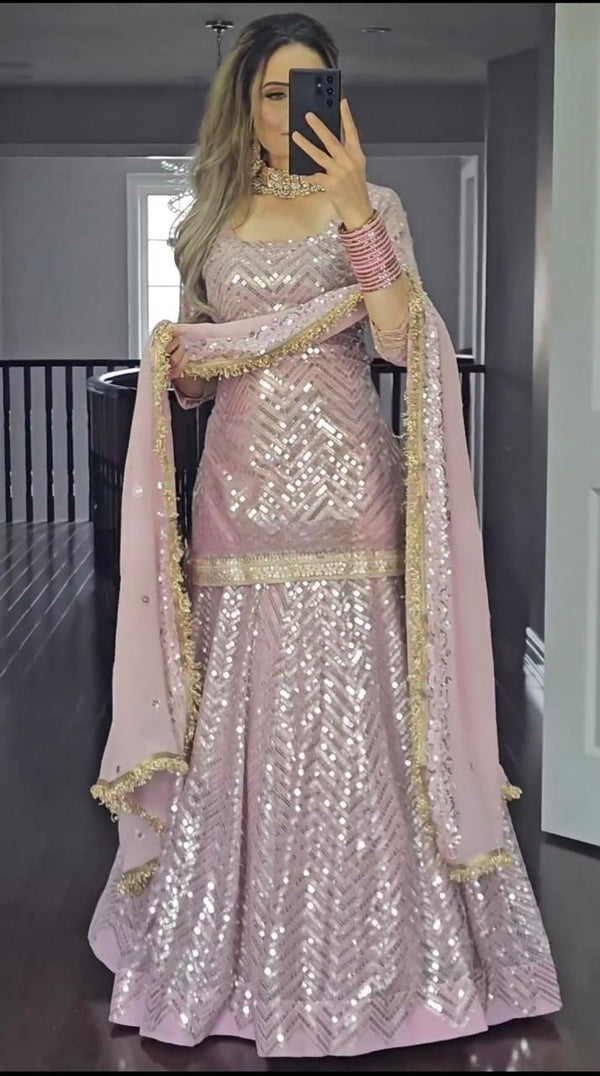 Dusty Pink Color Dazzling Work Lehenga With Top