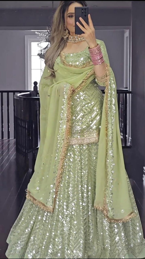 Parrot Green Color Dazzling Work Lehenga With Top