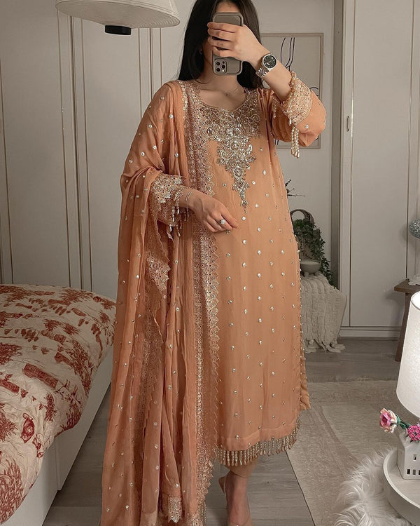 Opulent Sequence Embroidery Work Peach Color Salwar Suit