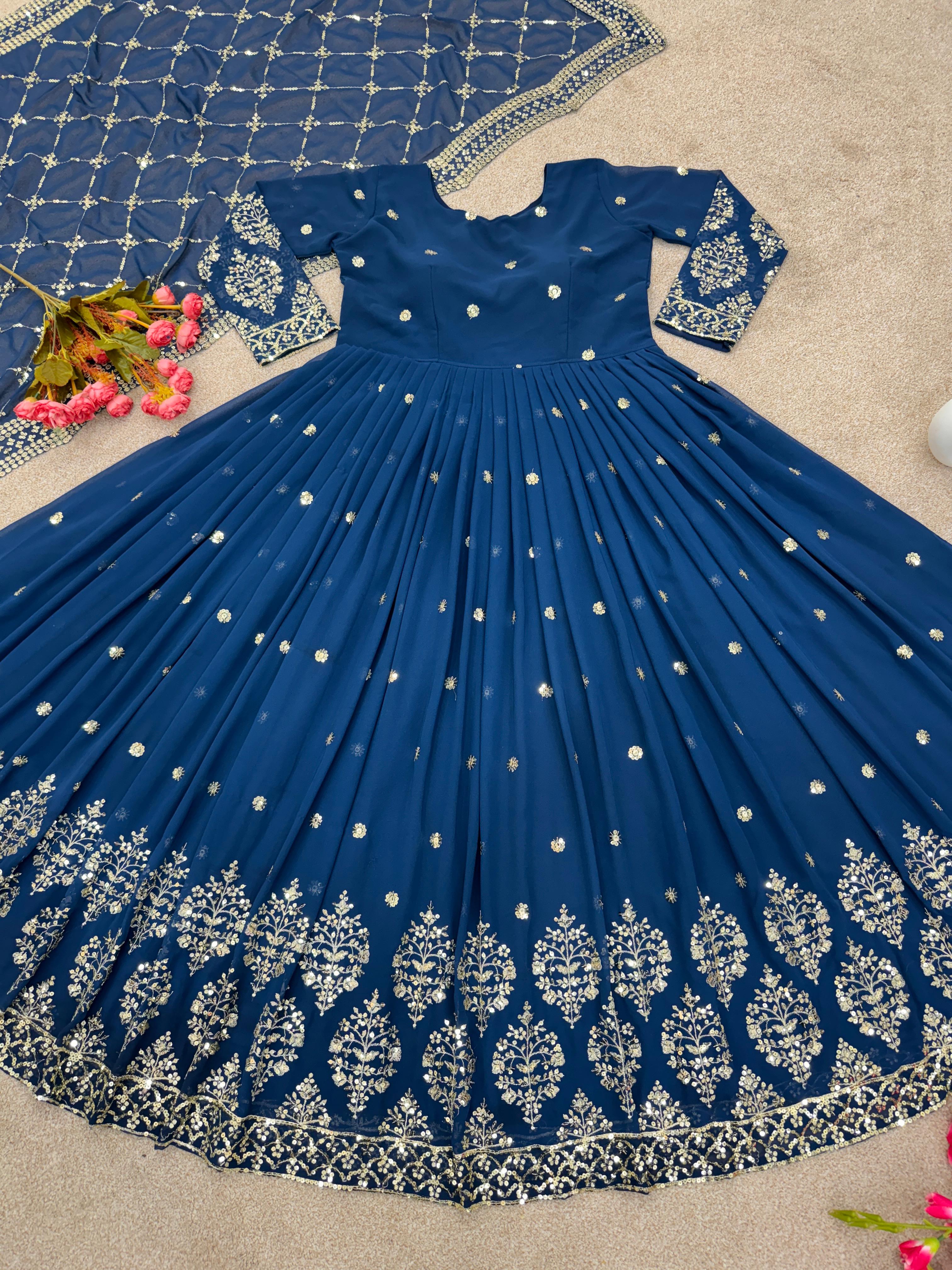 Wonderful Blue Color Embroidery Sequence Gown