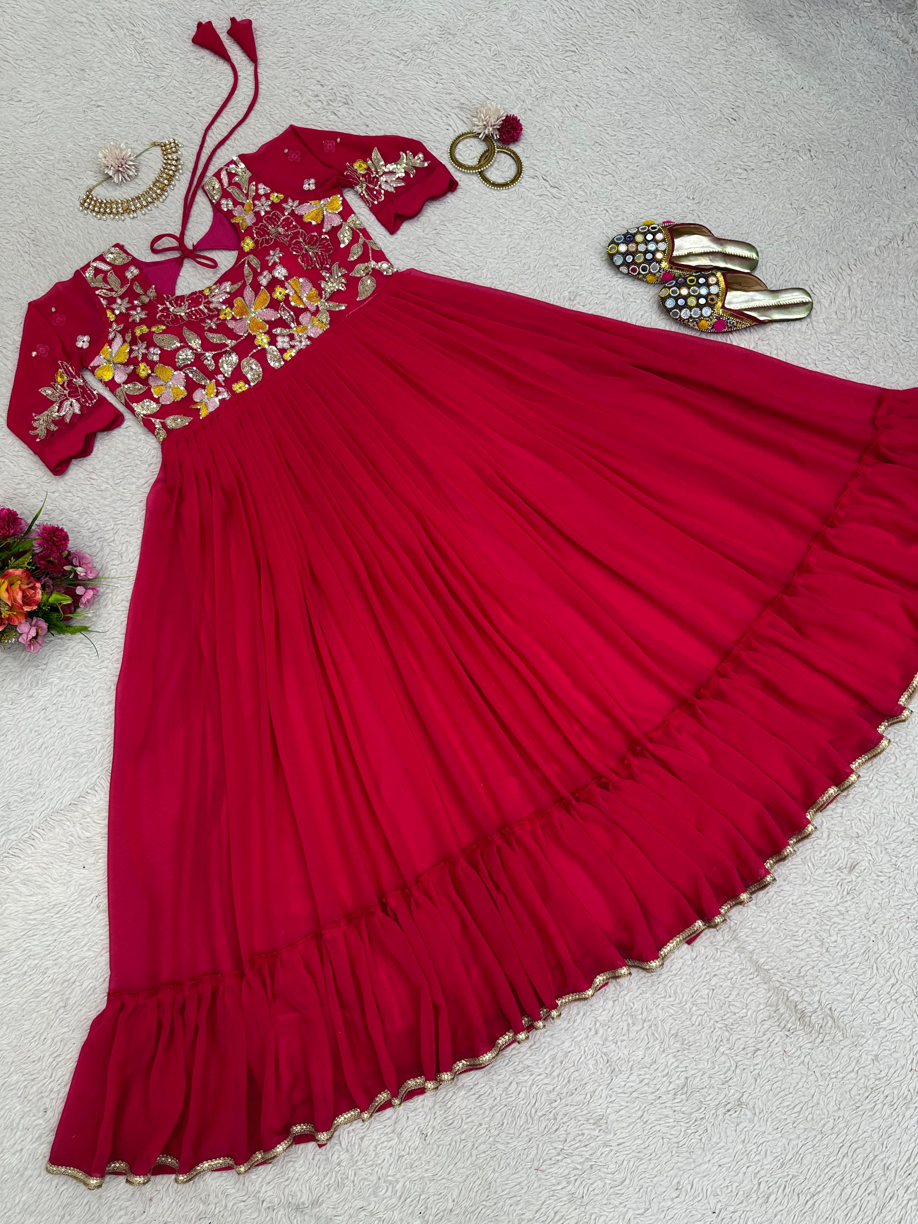 Luxuriant Thread Work Red Color Ruffle Gown