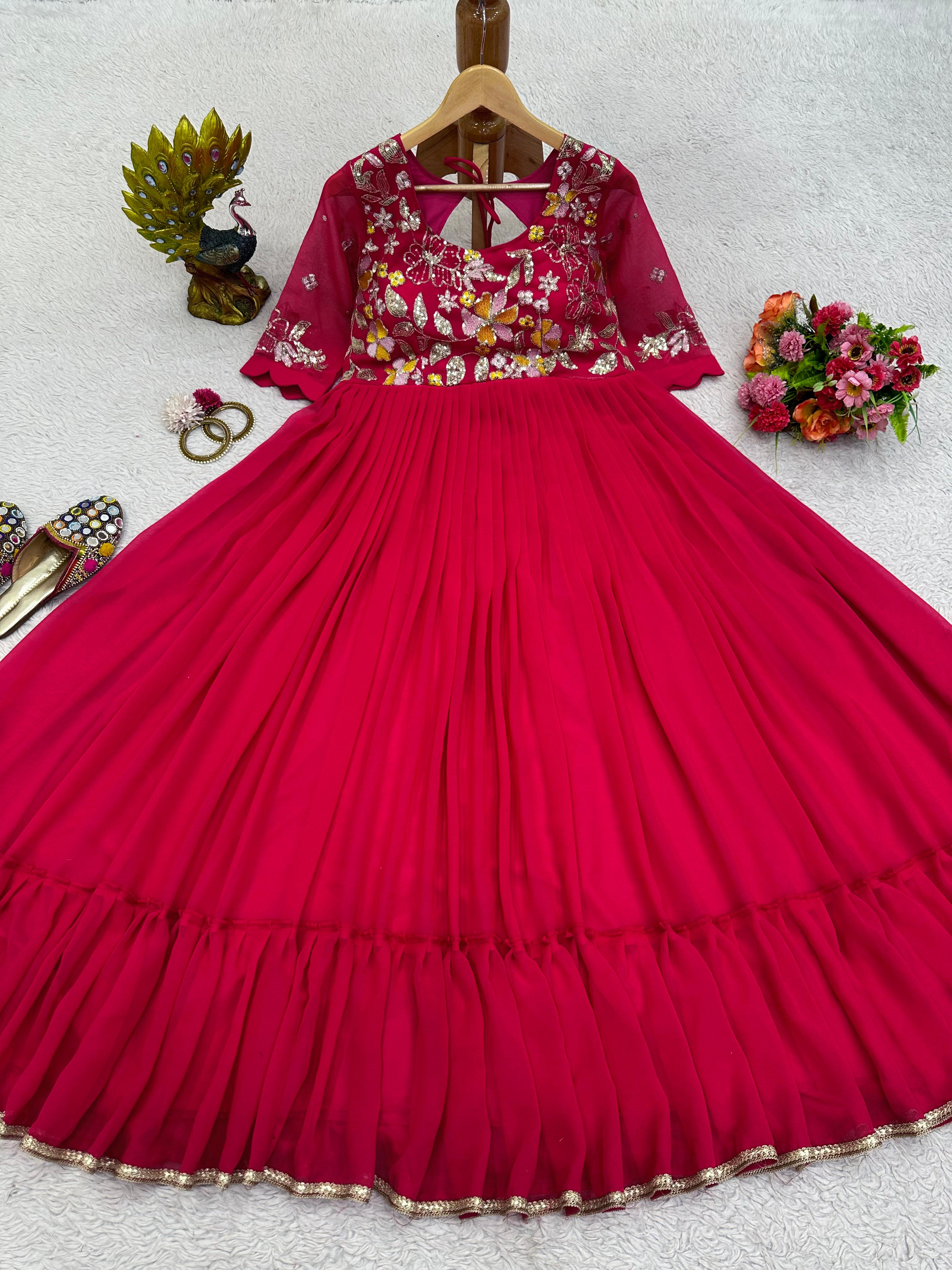 Luxuriant Thread Work Red Color Ruffle Gown