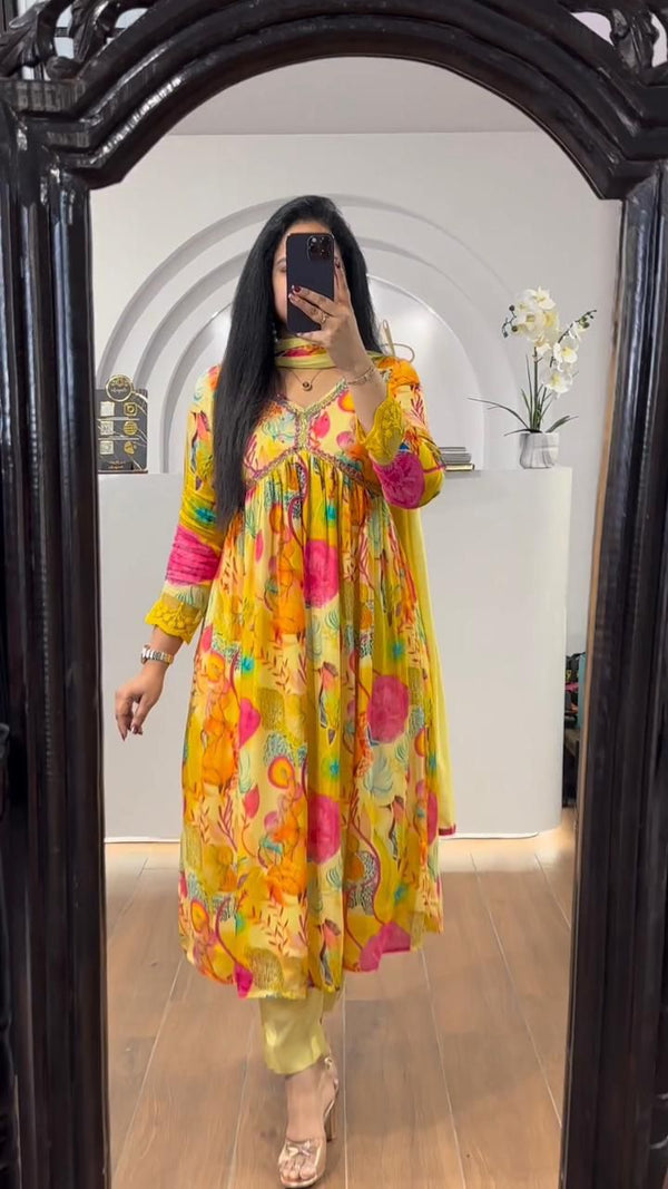Trendy Yellow Color Sequence Work Printed Aliya Cut Suit