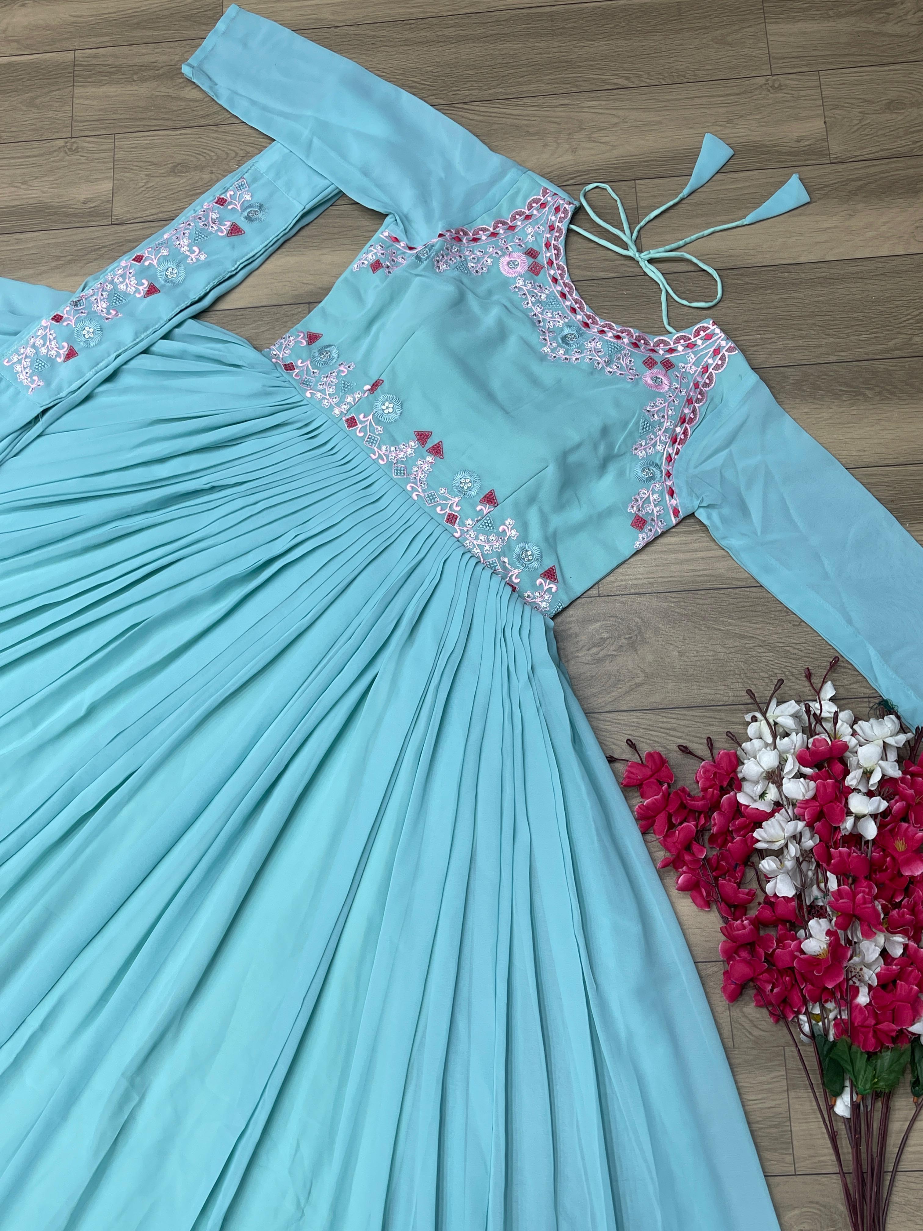 Fantastic Sky Blue Color Embroidered Gown