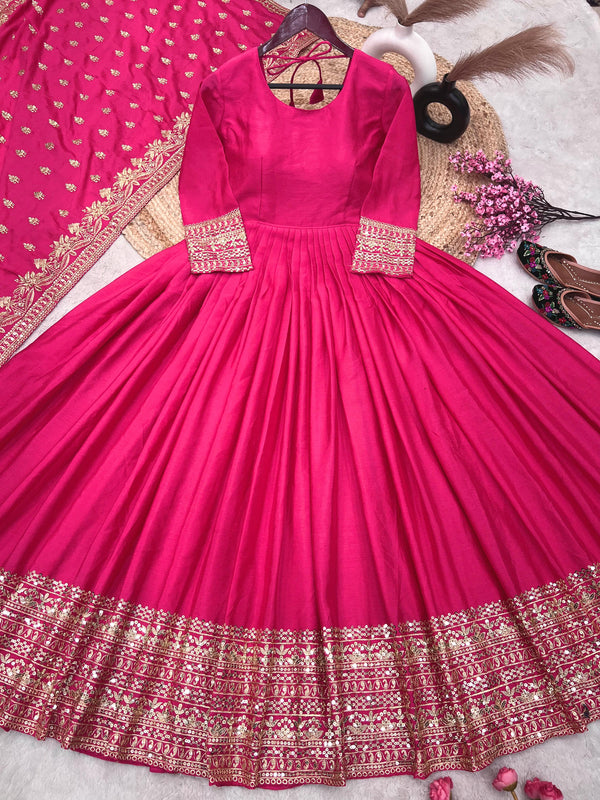 Wedding Pink Color Embroidery Work Gown With Dupatta