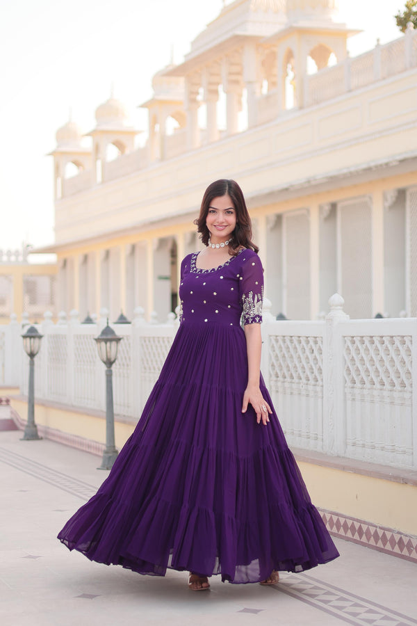 Wonderful Purple Color Zari Thread Sequence Work Gown