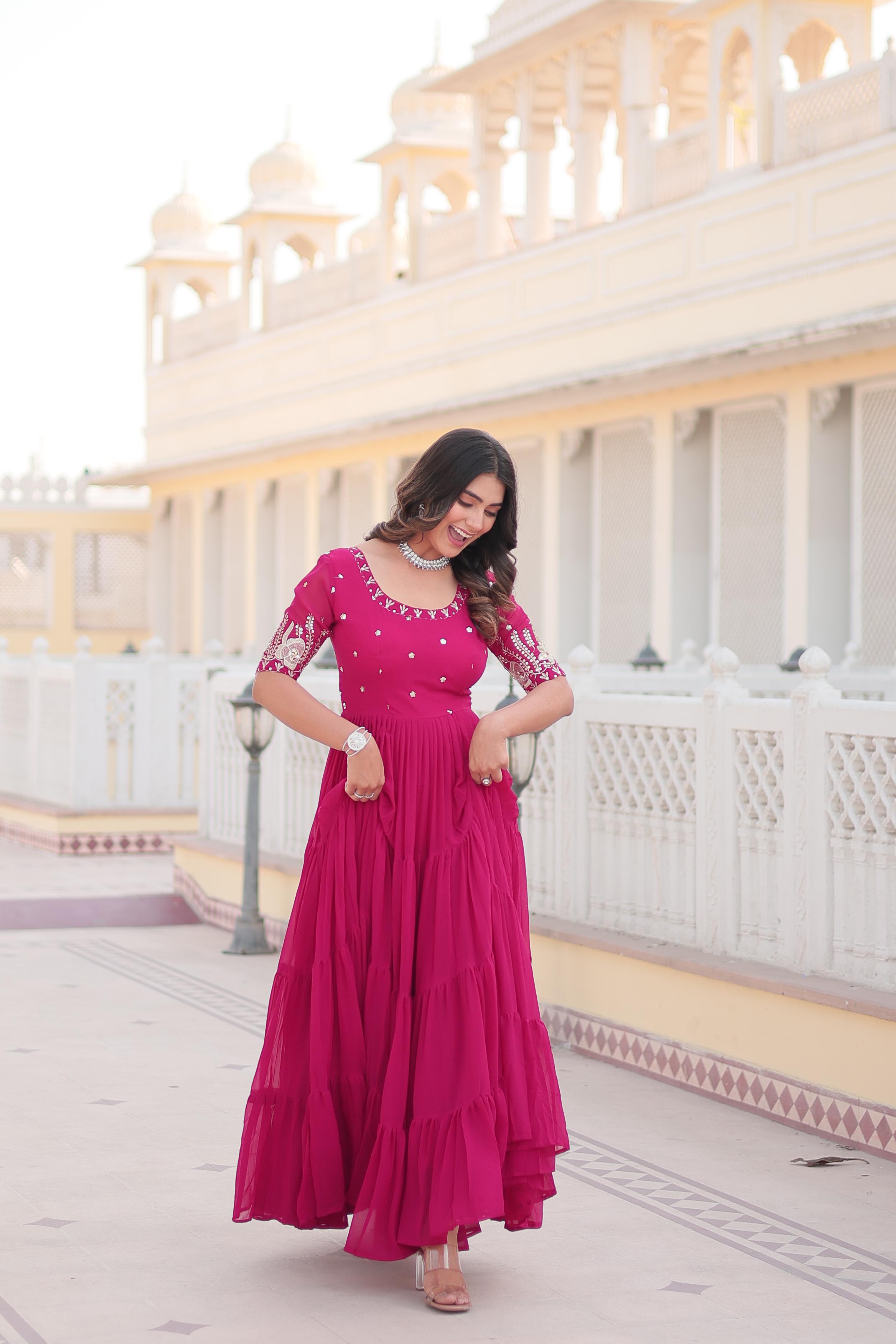 Wonderful Pink Color Zari Thread Sequence Work Gown