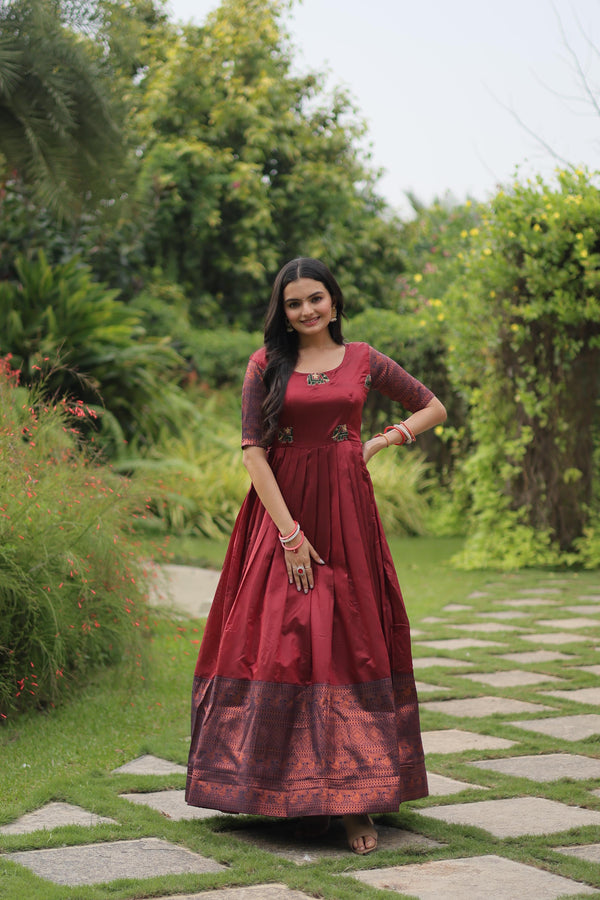 Festive Wear Maroon Color Jacquard Silk Gown