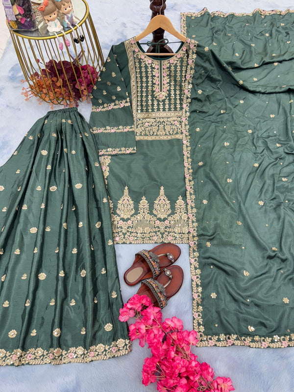 Awesome Work Dusty Green Color Sharara Suit