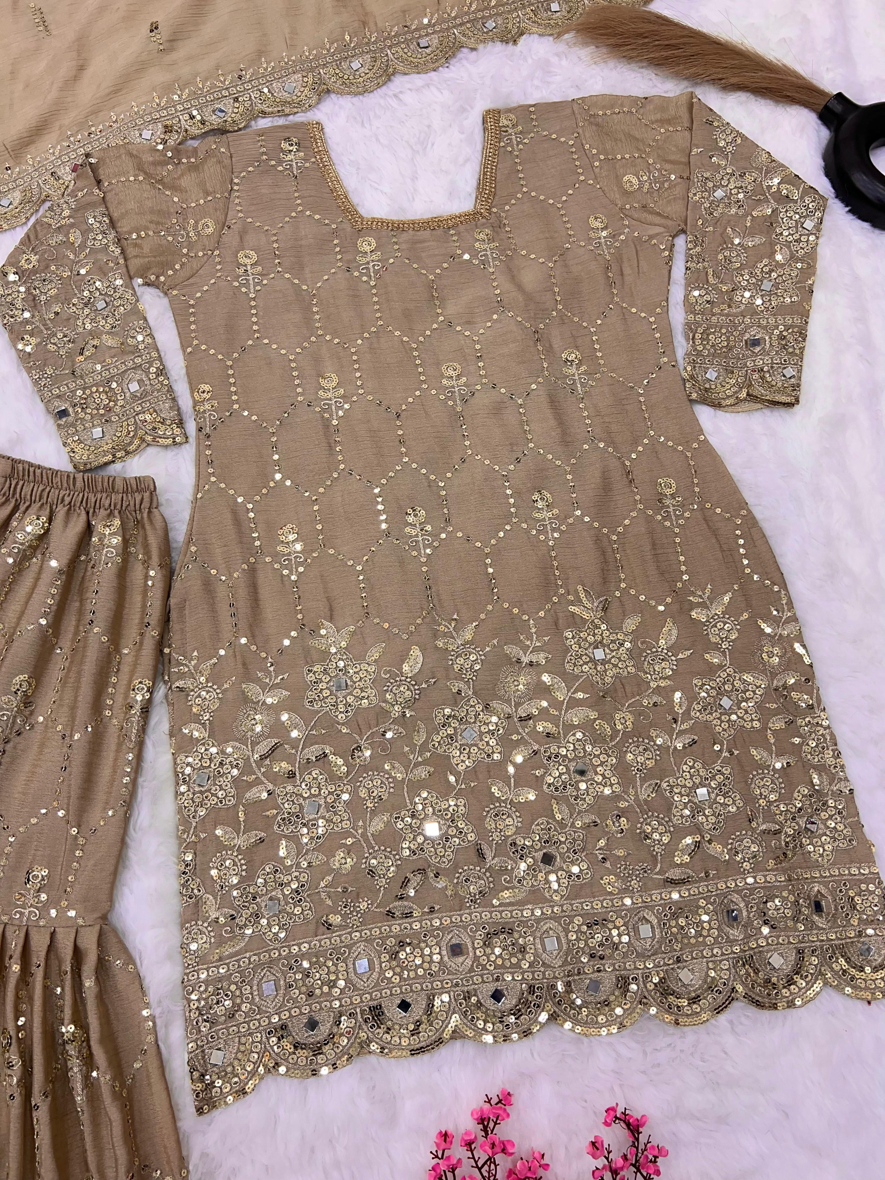 Stylish Beige Color Embroidery Mirror Work Sharara Suit