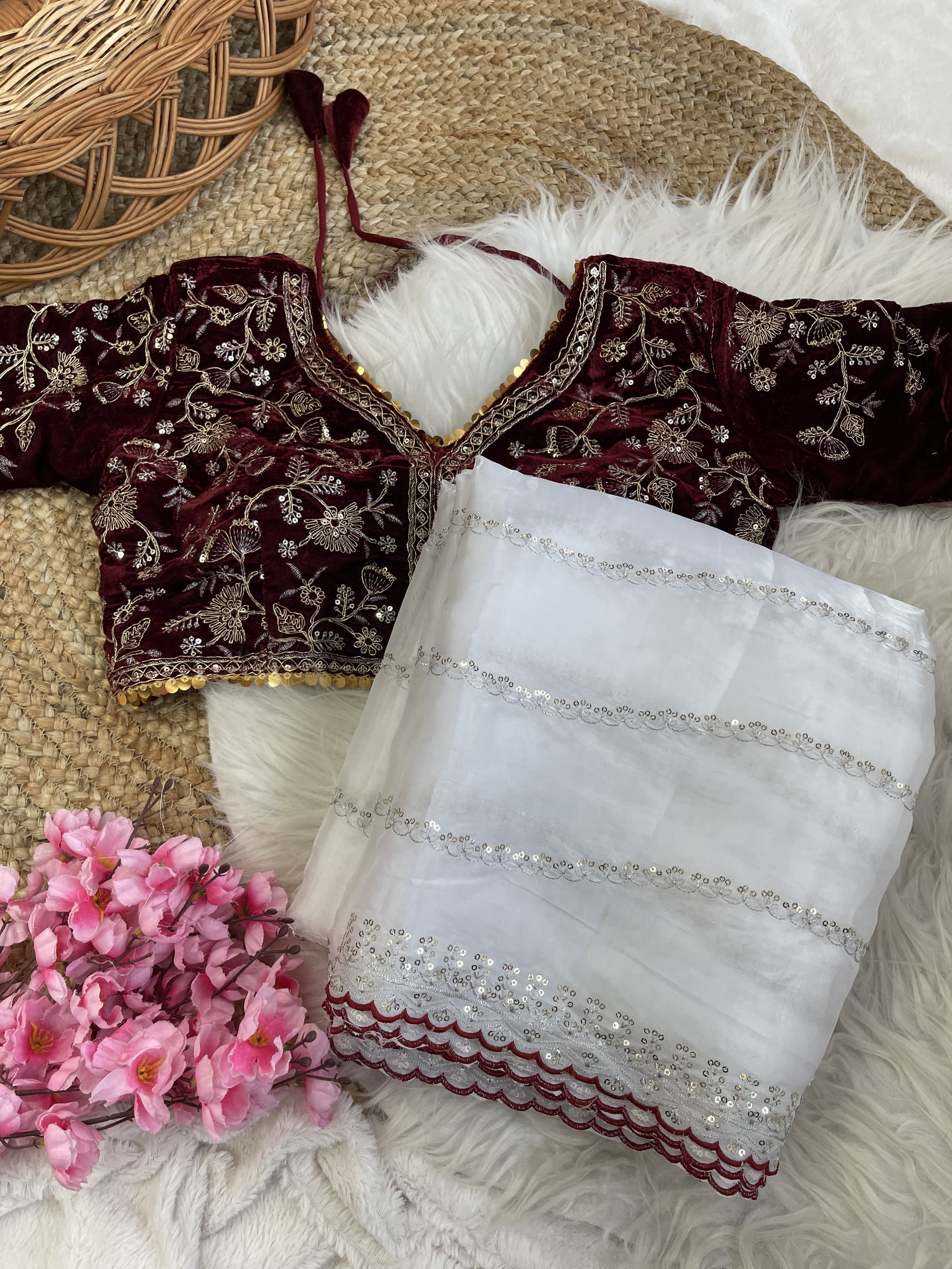 White Color Beautiful Work With Border Saree