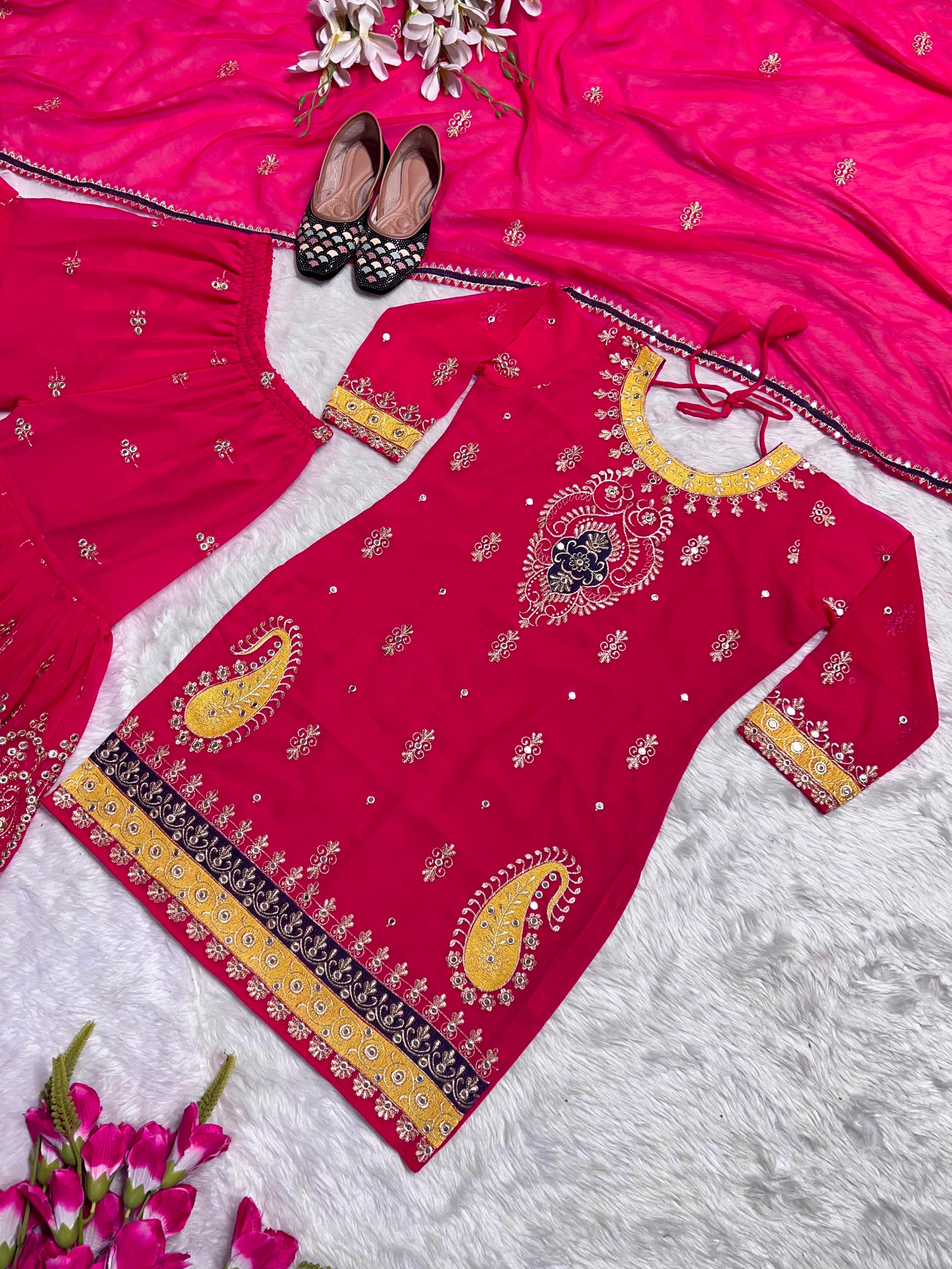 Awesome Multi Embroidery Work Pink Color Sharara Suit