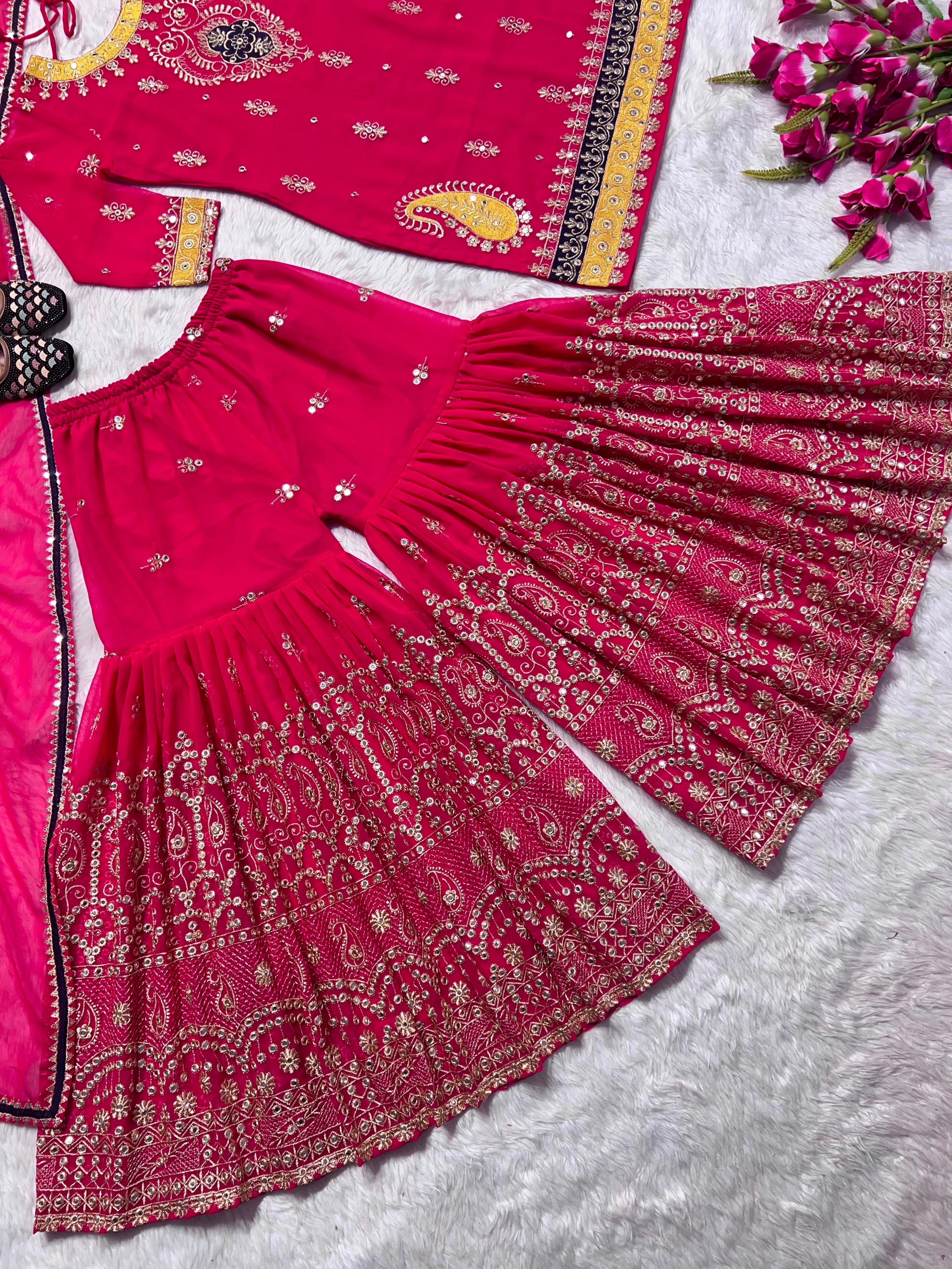 Awesome Multi Embroidery Work Pink Color Sharara Suit