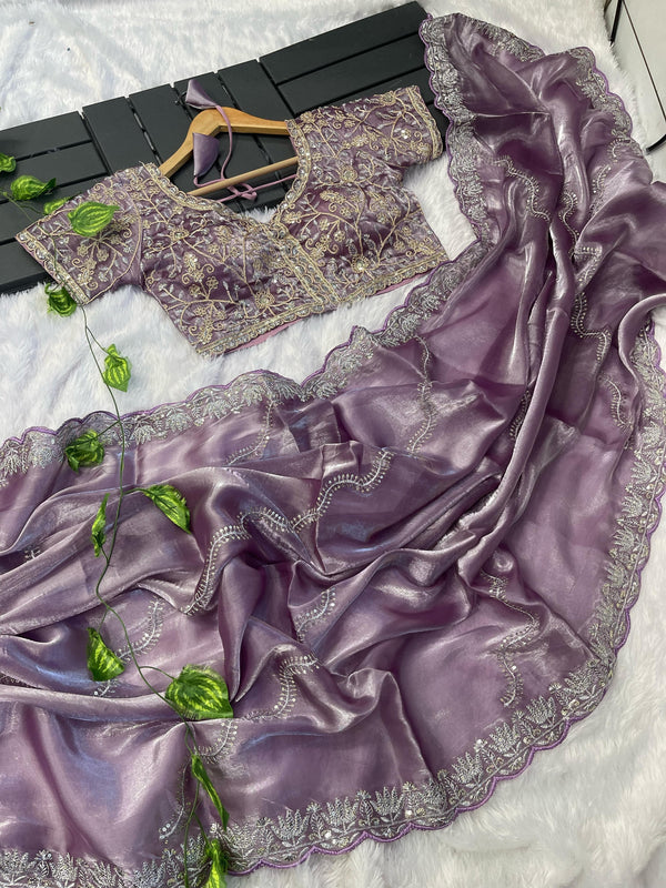 Exclusive Embroidery Cutwork Lavender Color Saree